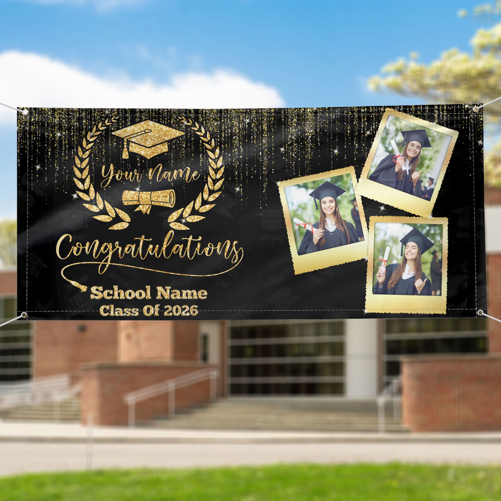 Custom Graduation Banner 2026 Photo Gold Glitter Laurel Pattern Congrats Grad Backdrop Personalized