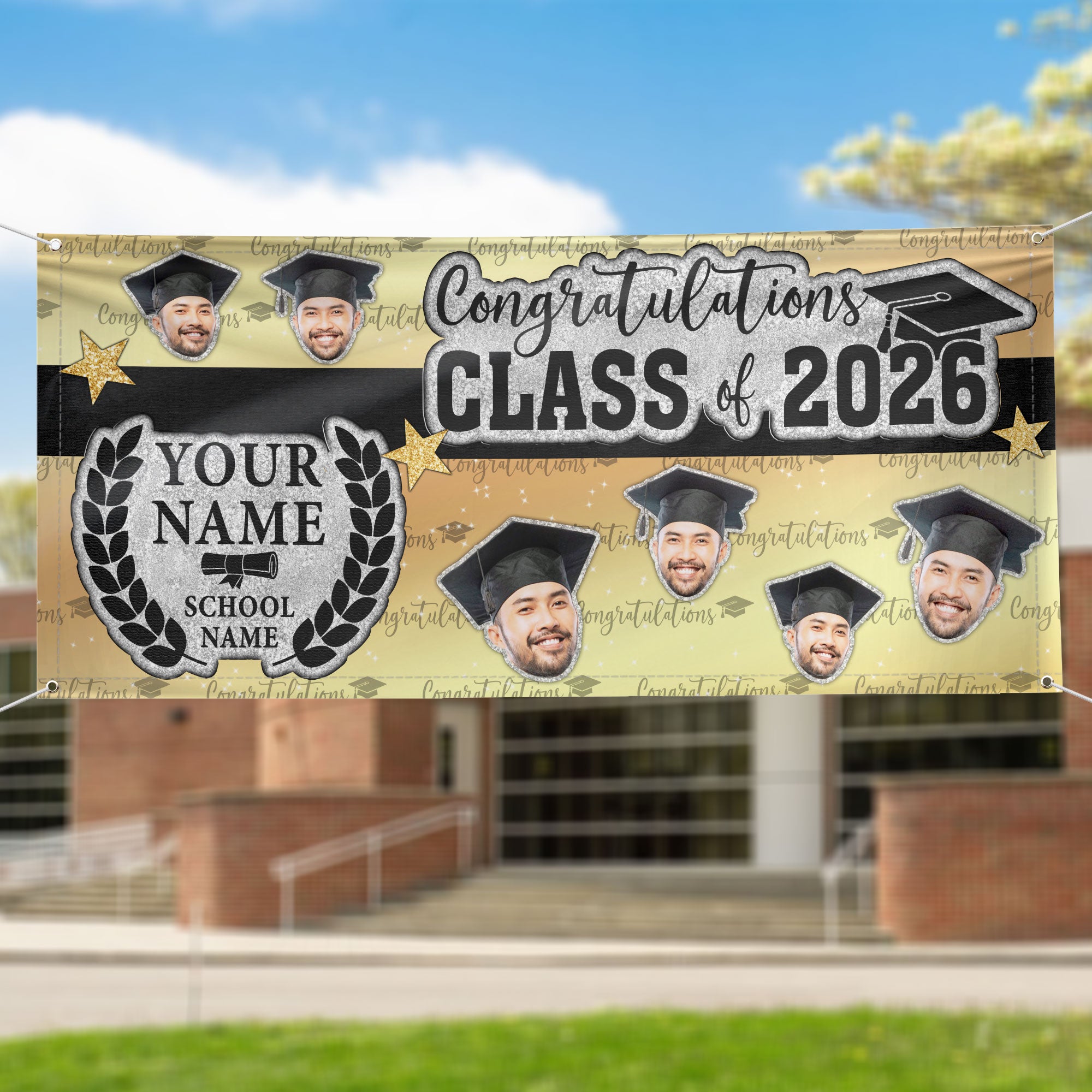 Custom Graduation Banner 2026 Photo Black Gold Glitter Pattern Congrats Grad Backdrop Personalized