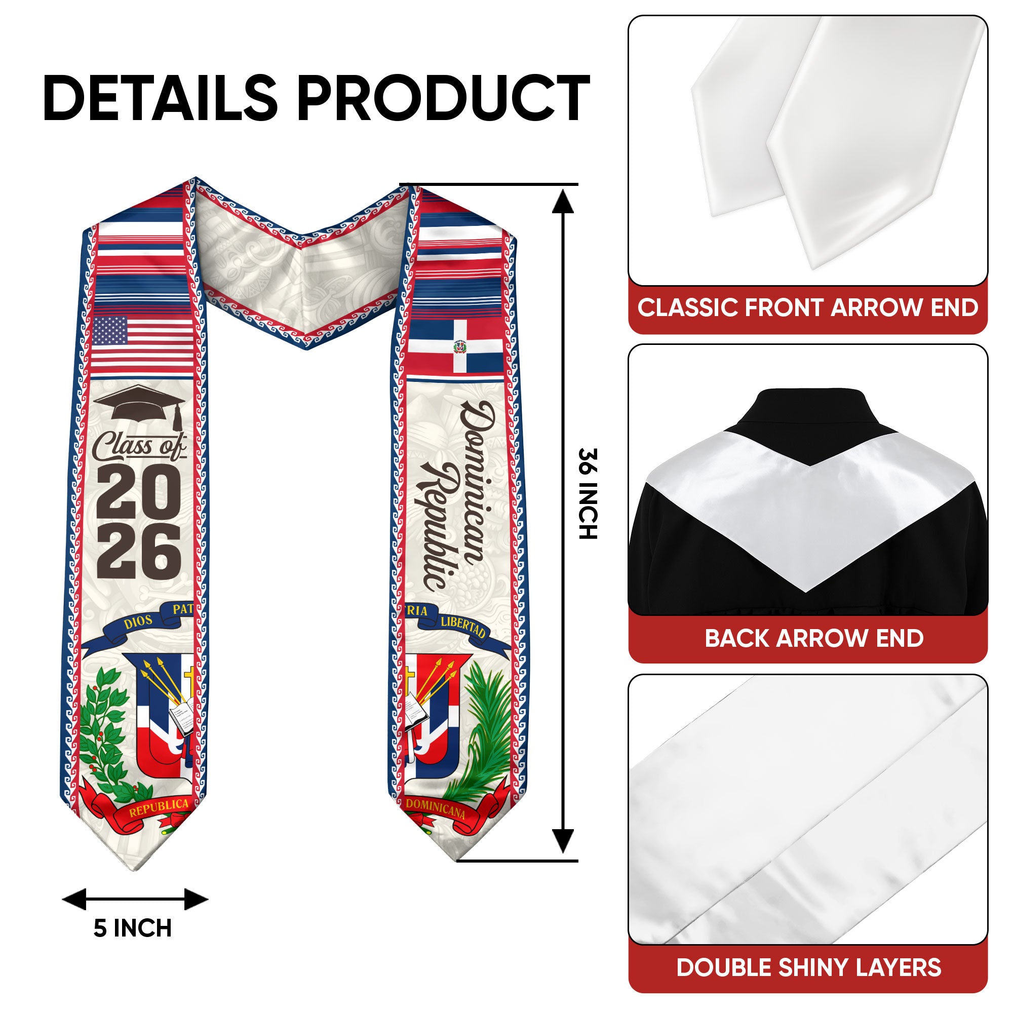 Dominican Graduation Stole 2026, Dominican Flag Graduation Sash, Classic Academic Graduation Stole Design