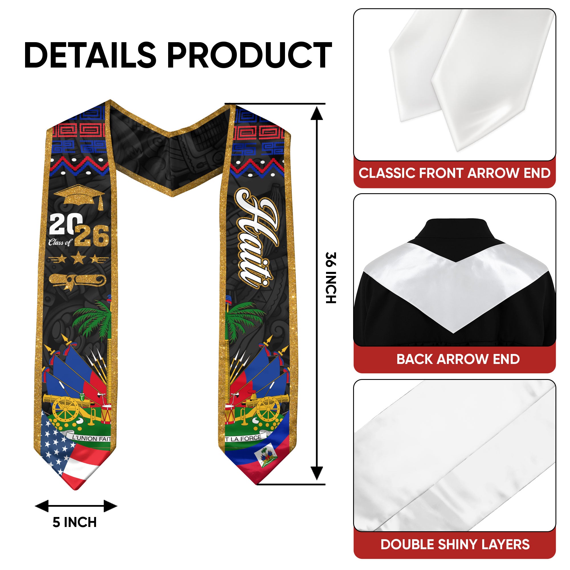 Haiti Graduation Stole 2026, Haitian Flag Graduation Sash, Classic Academic Stole for Class of 2026