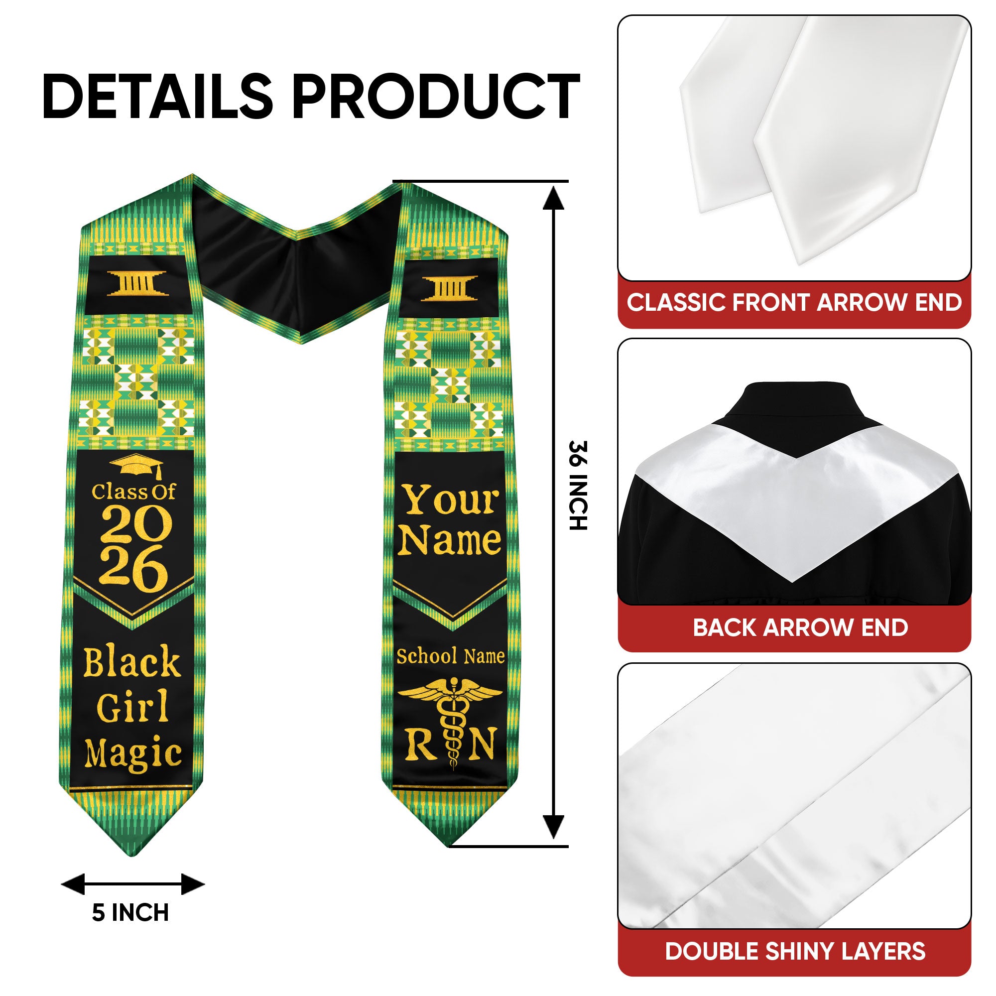 Customized African Heritage Nursing Graduation Stole for RN Graduates, BSN Sash 2026