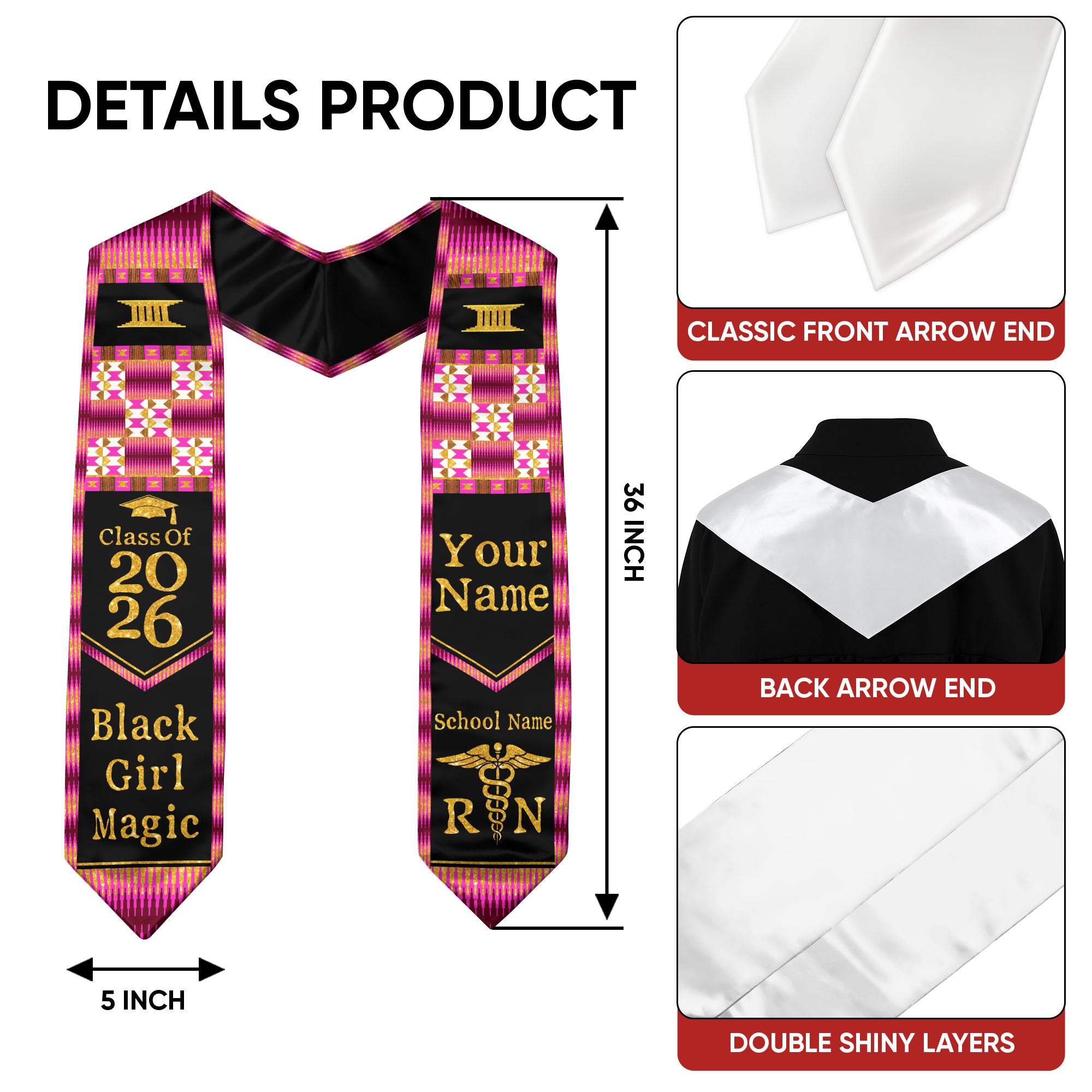 Customized RN Nursing Graduation Stole with African Cultural Design, Class of 2026