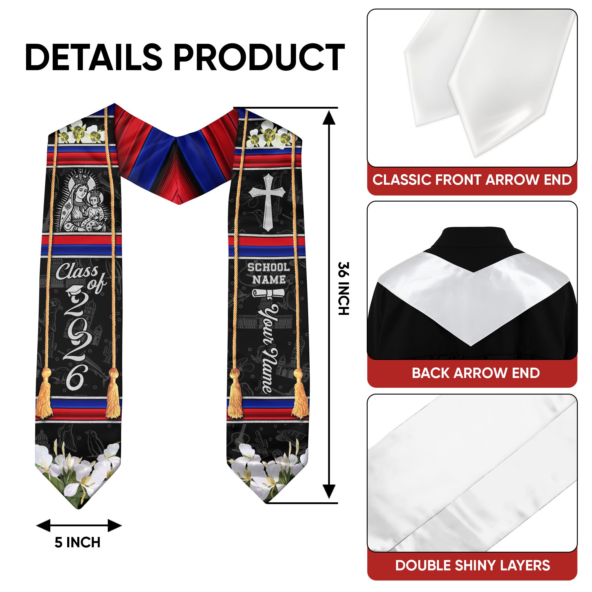 Cuba Graduation Stole 2026, Cuban Flag Sash, Tailored Detail for Class of 2026 Grads