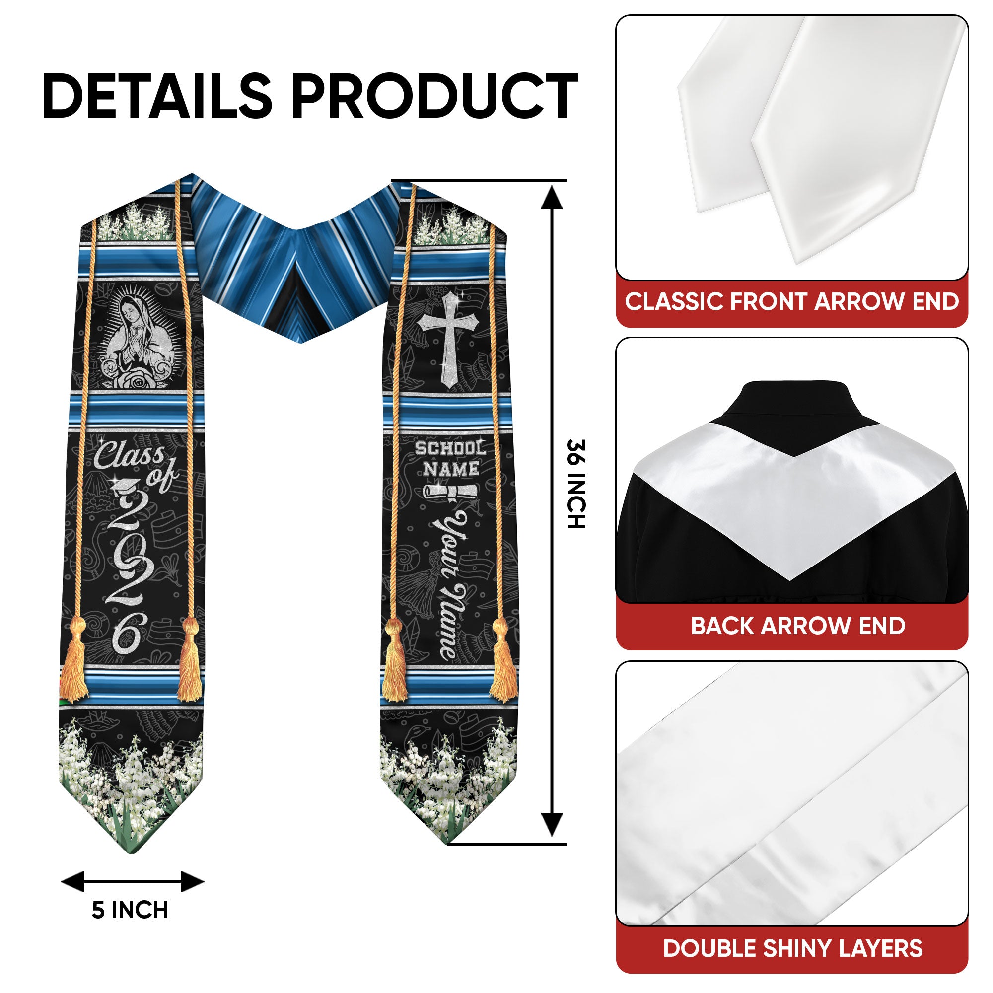 El Salvador Graduation Stole 2026, El Salvador Flag Sash, Custom Trim Option for Class of 2026