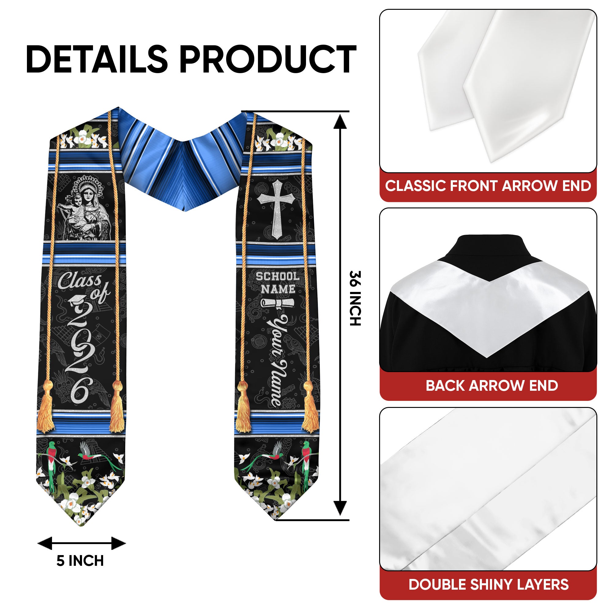 Guatemalan Flag Graduation Stole 2026, Guatemala Sash for Grads, Personalized Trim Option