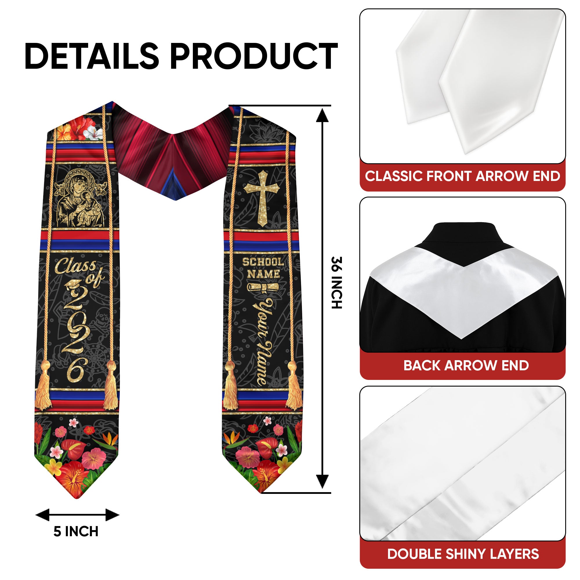 Haitian Graduation Stole 2026, Haiti Flag Sash Stole, Personalized Trim for Graduates