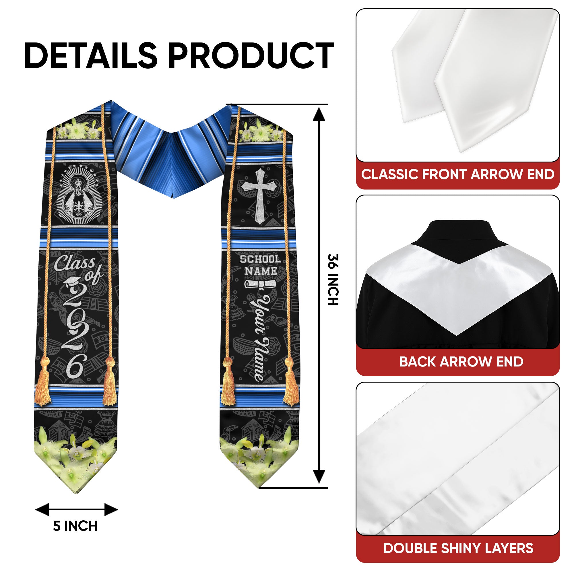 Honduran Flag Graduation Stole 2026, Honduras Sash for Grads, Personalized Trim Option