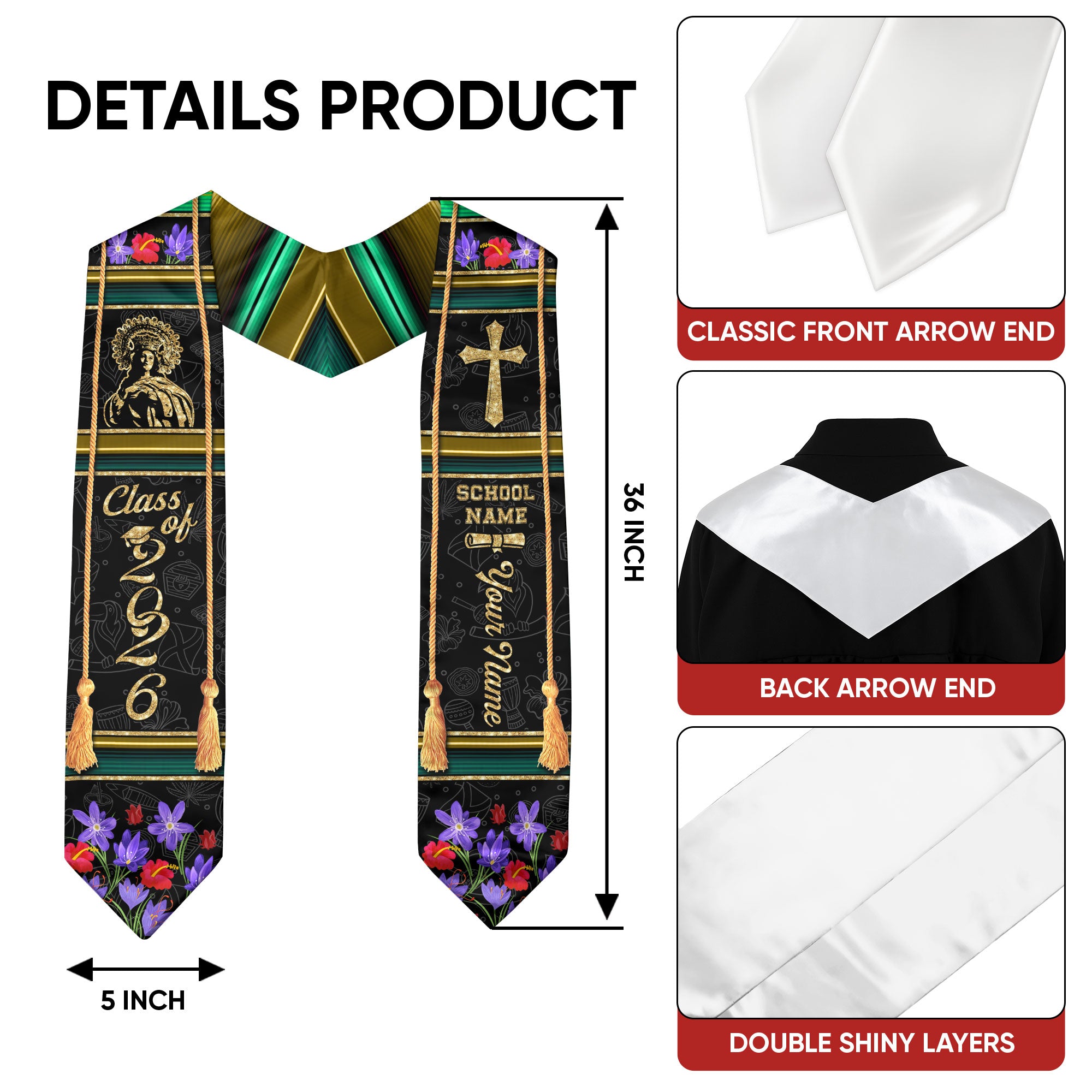 Jamaican Flag Graduation Stole 2026, Jamaica Sash for Grads, Personalized Trim Option