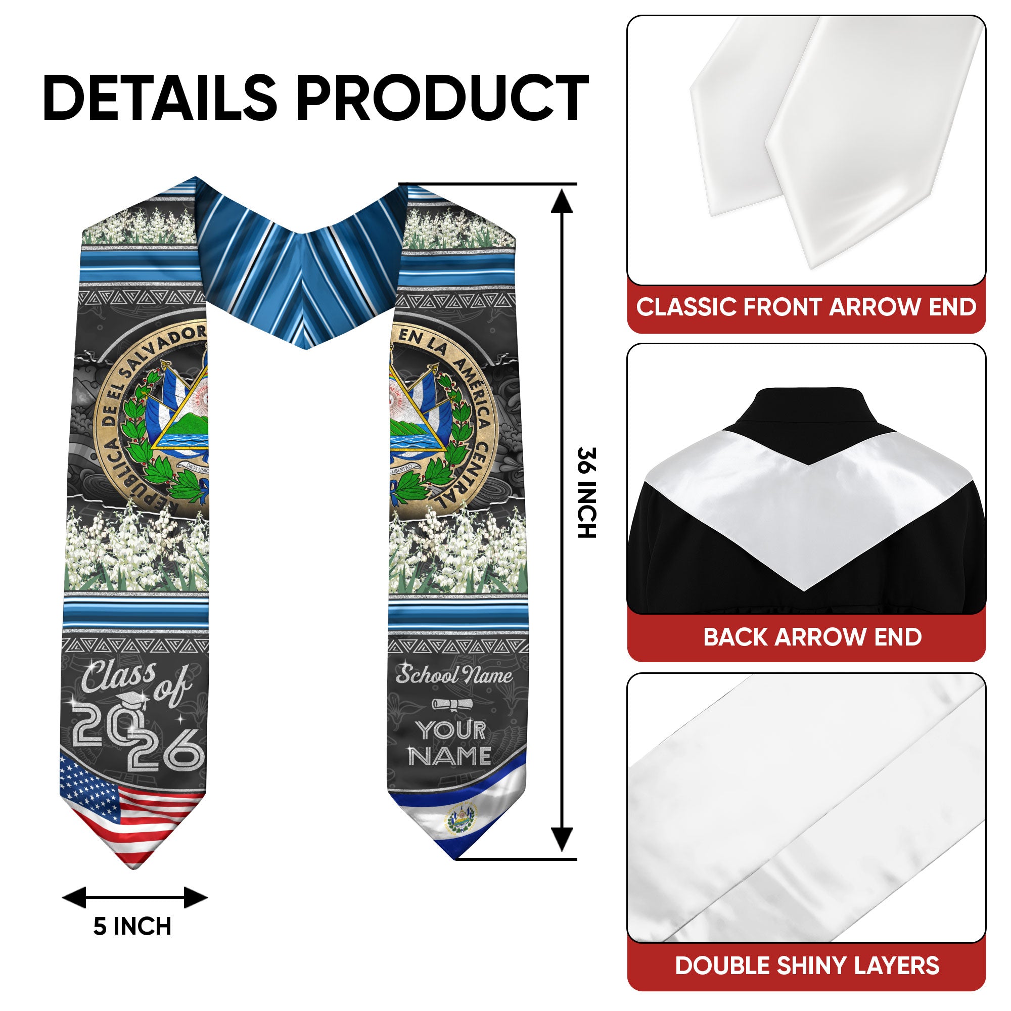 Salvadoran Flag Graduation Sash 2026, El Salvador Grad Stole, Custom Accent Detail