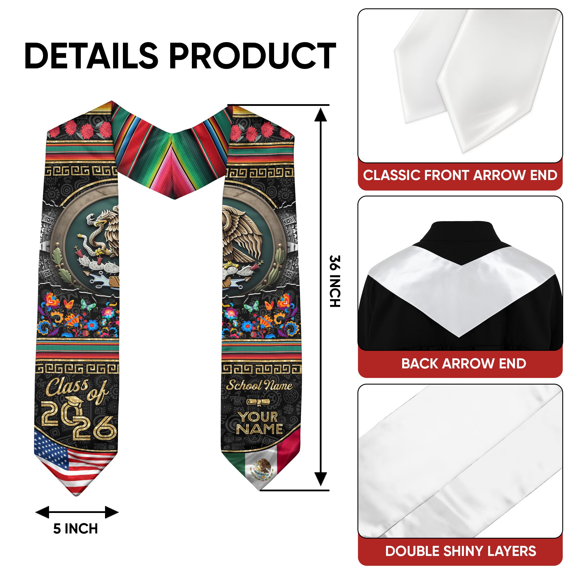 Mexico Graduation Stole 2026, Mexican Stole Sash, Mexican American Flag Custom Detail