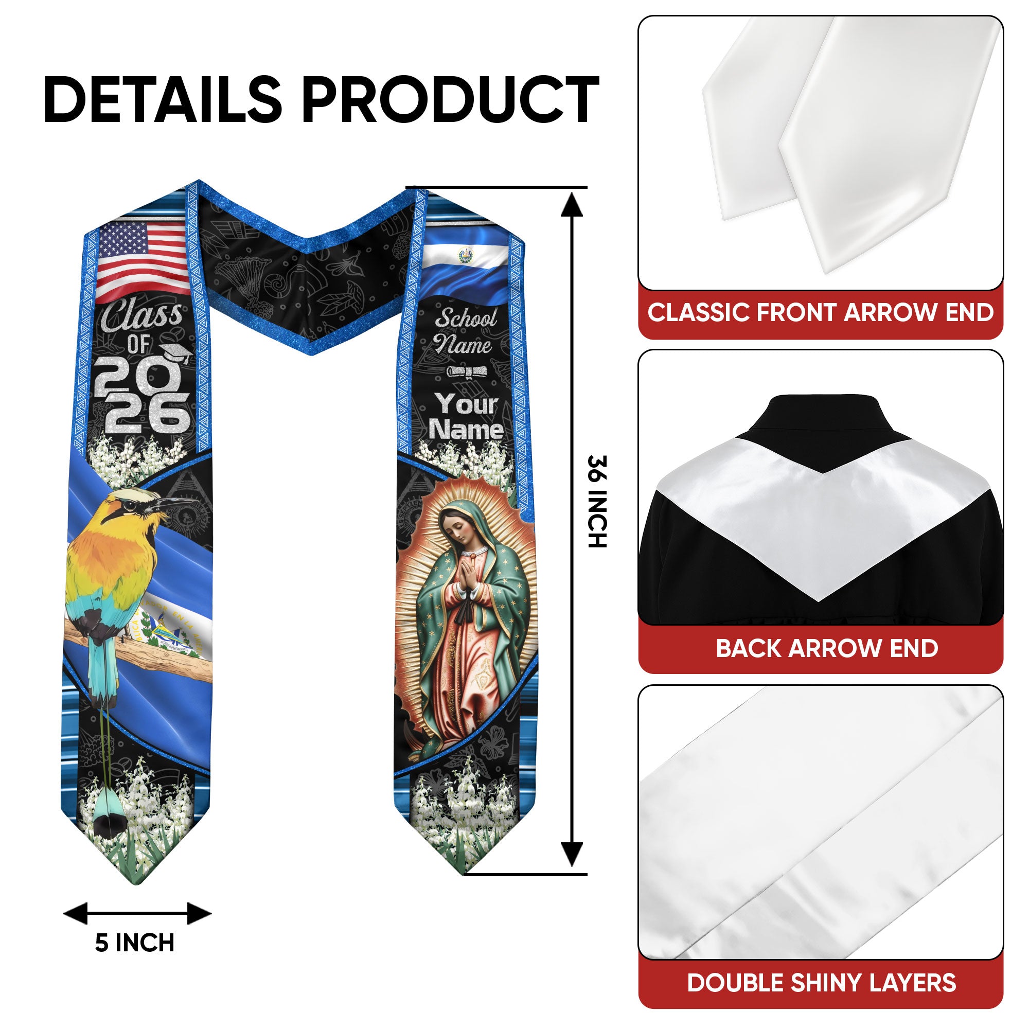El Salvador Graduation Sash 2026, Salvadoran Flag Graduation Stole, Custom Finish Grads
