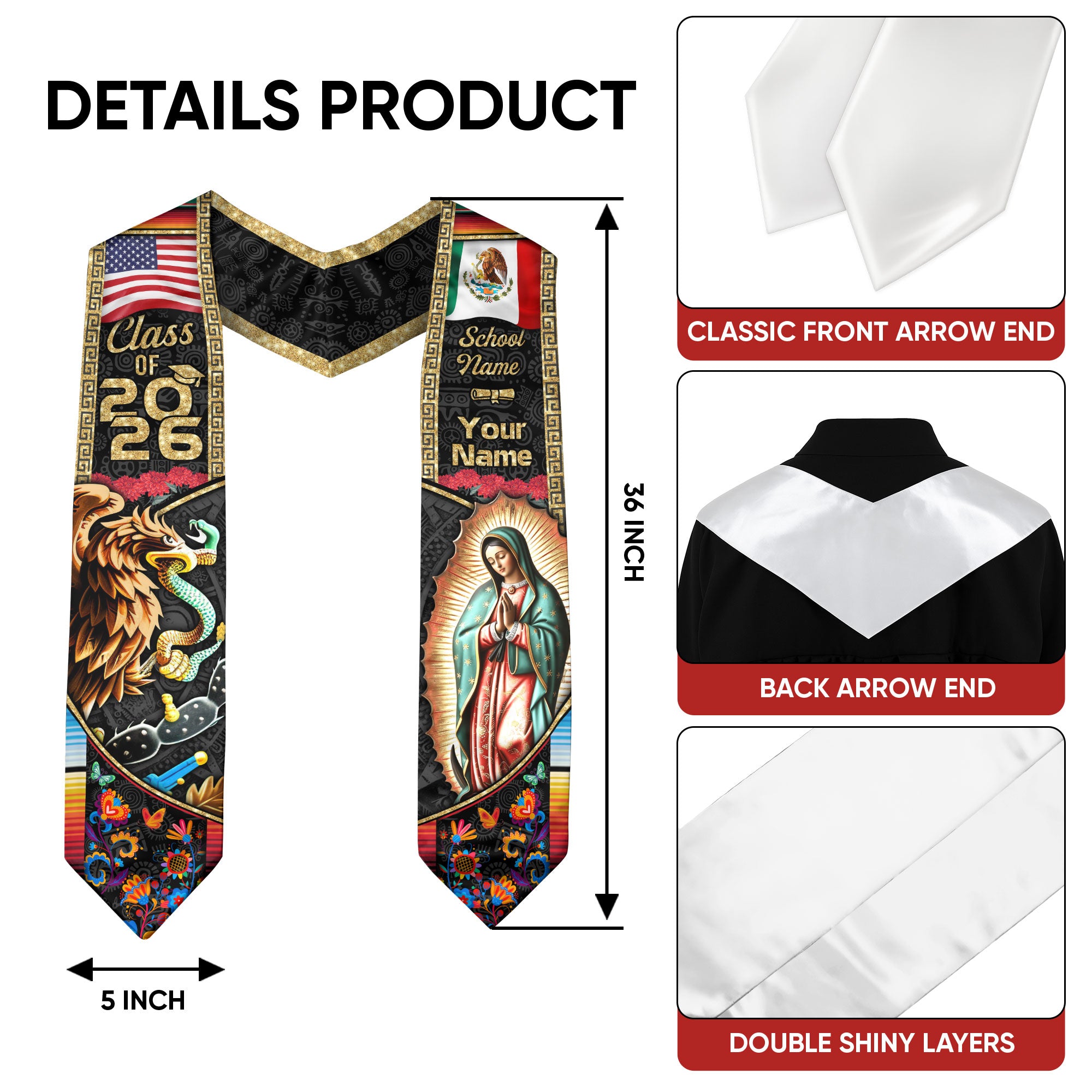 Mexican American Flag Graduation Sash 2026, Mexico Grad Stole, Mexican Stole Custom