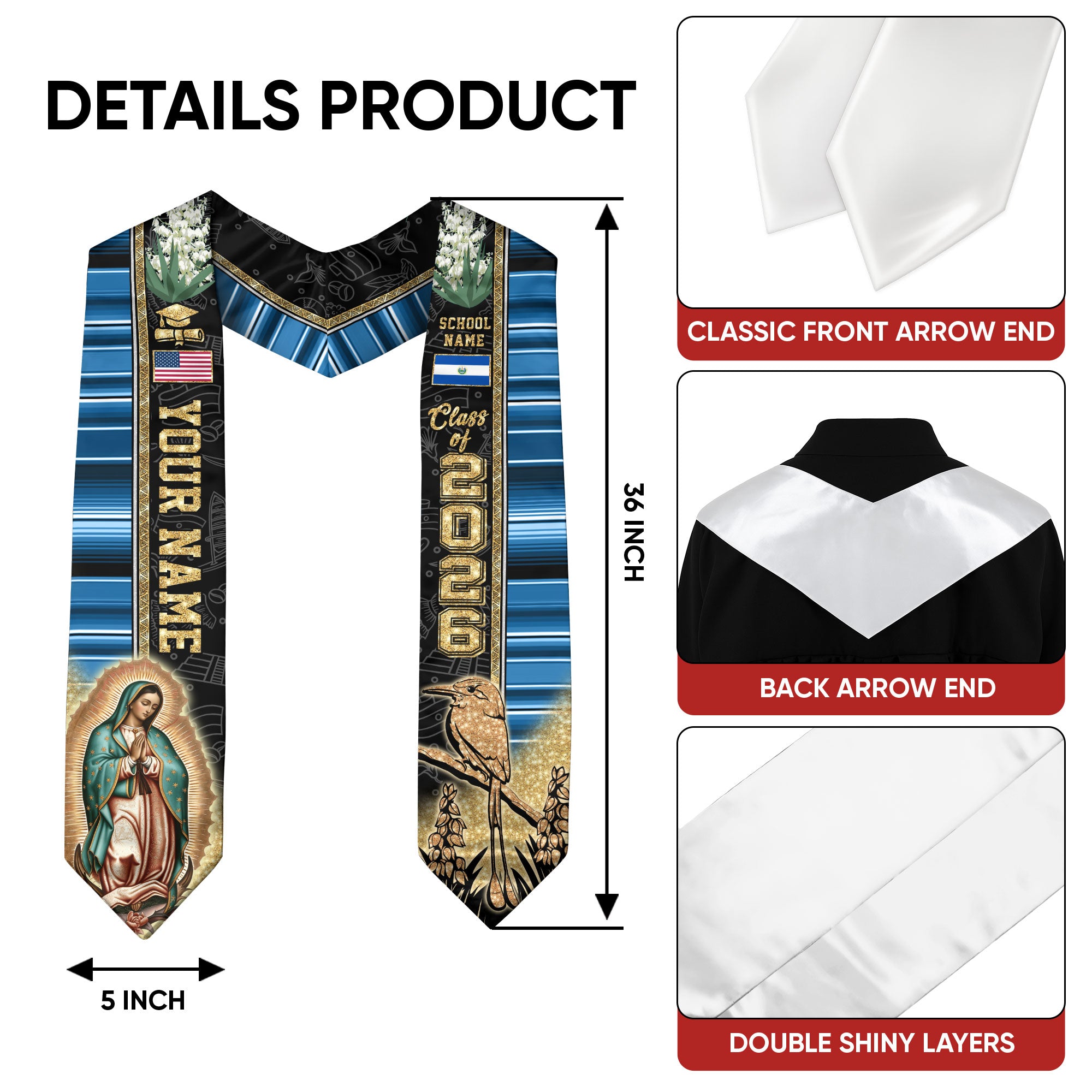 El Salvador Flag Graduation Stole 2026, Salvadoran Stole Sash, Custom Detail Choice 2026
