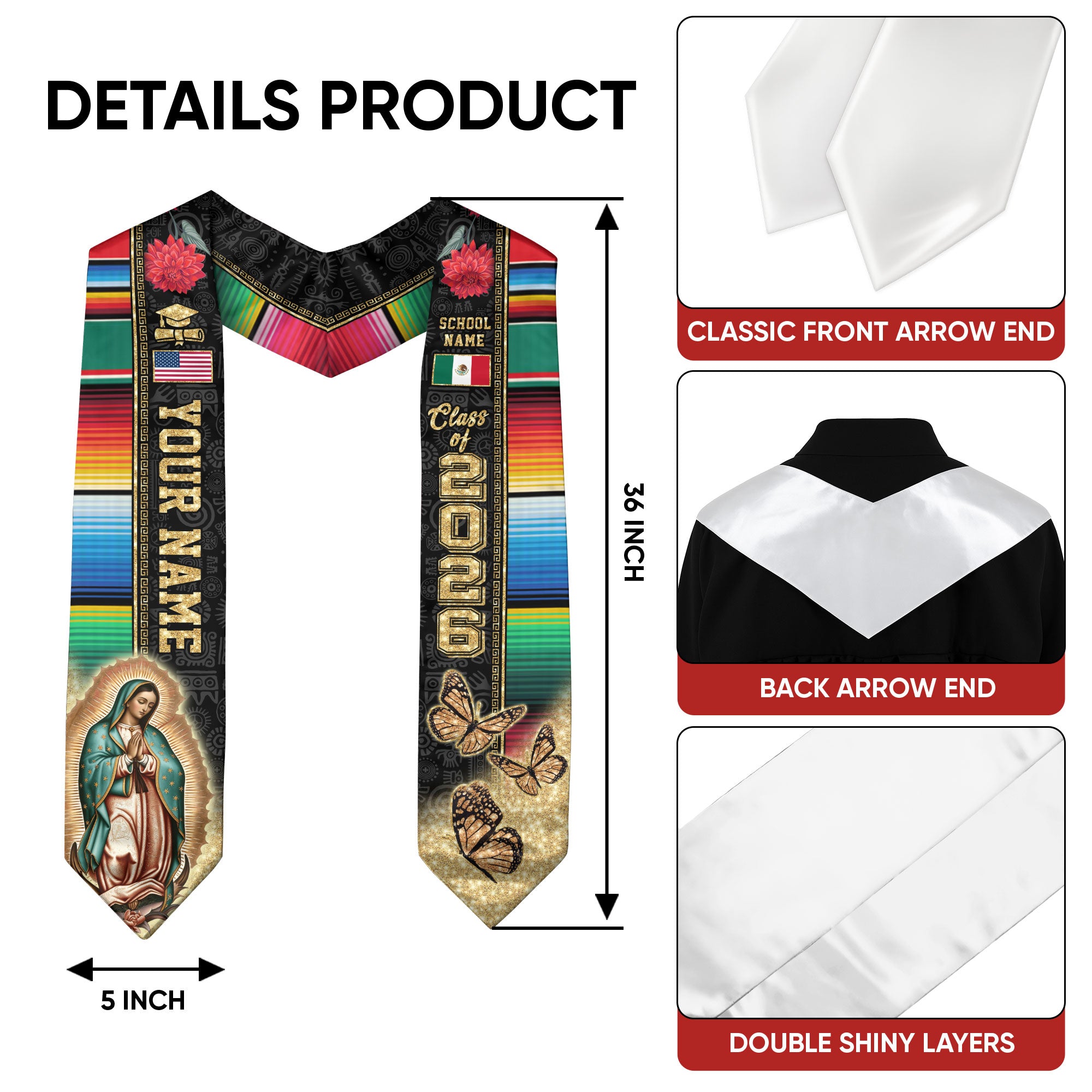 Class of 2026 Mexico Graduation Stole, Mexican Flag Sash, Mexican Stole Custom Accent