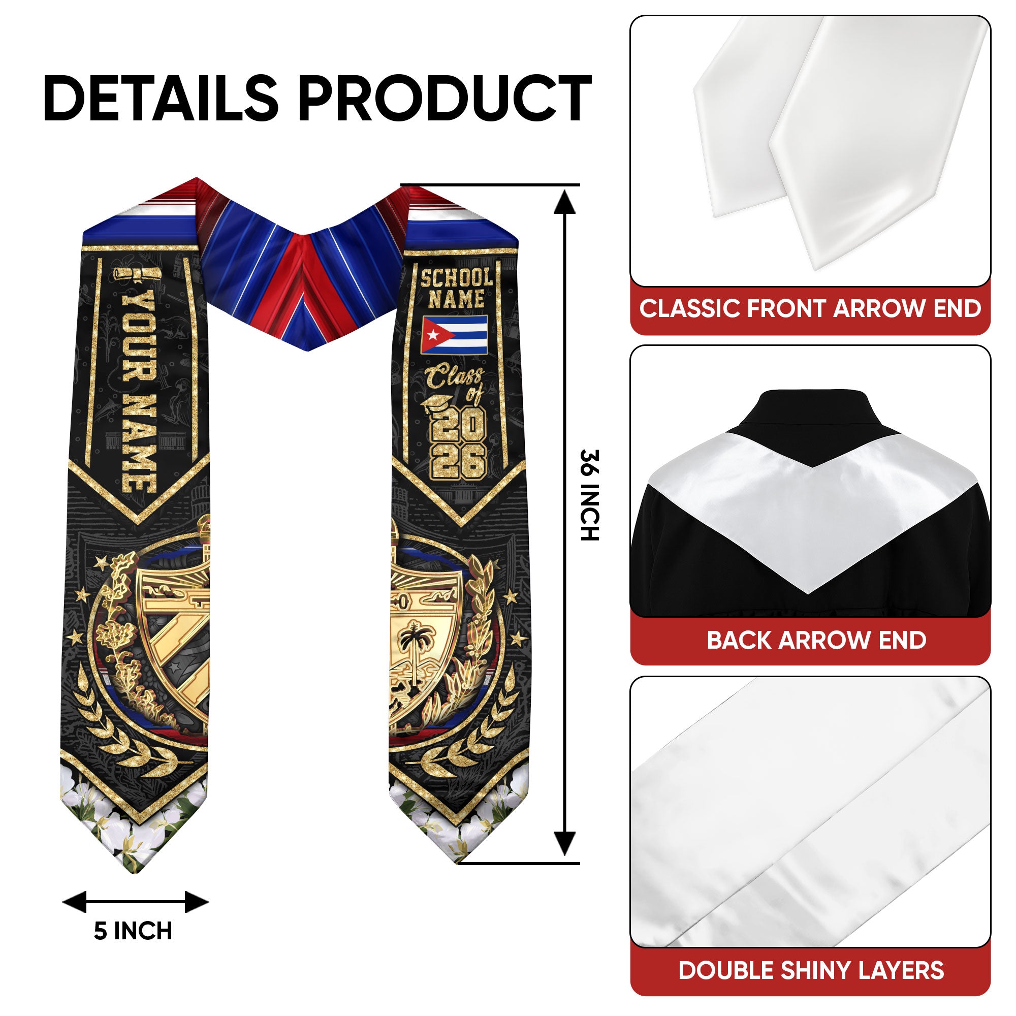 Cuba Flag Graduation Stole 2026, Cuban Grad Sash, Bespoke Touch for 2026 Graduates