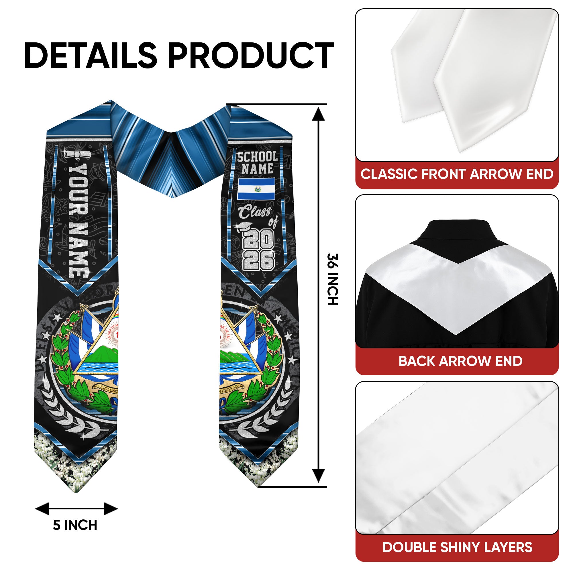 Salvadoran Graduation Stole 2026, El Salvador Flag Sash, Custom Accent for Graduates 2026