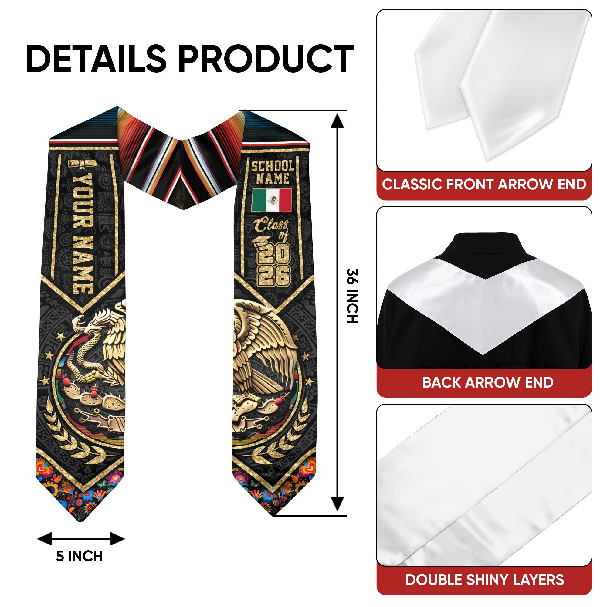 Mexican Graduation Sash 2026, Mexico Graduation Stole, Mexican American Flag