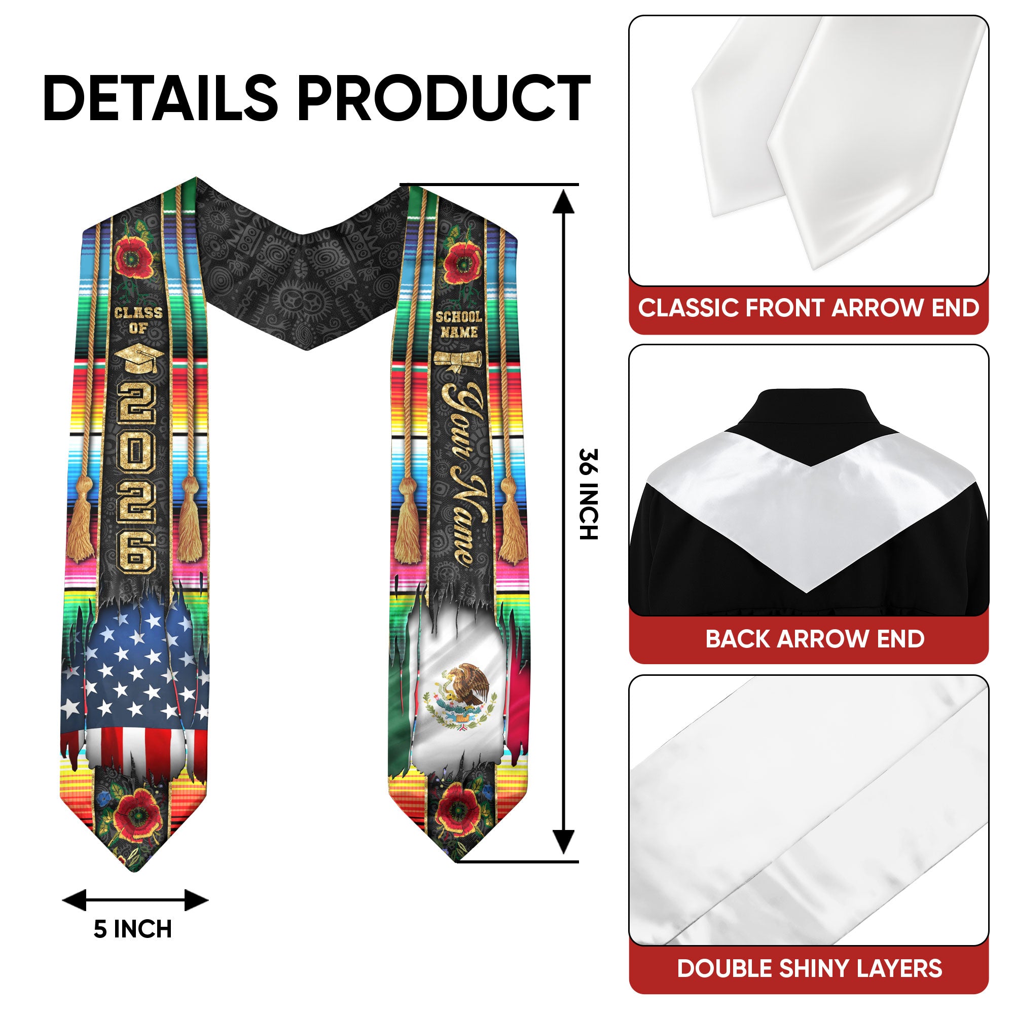 Mexico Grad Stole 2026, Mexican Graduation Sash, Mexican American Flag Custom Finish