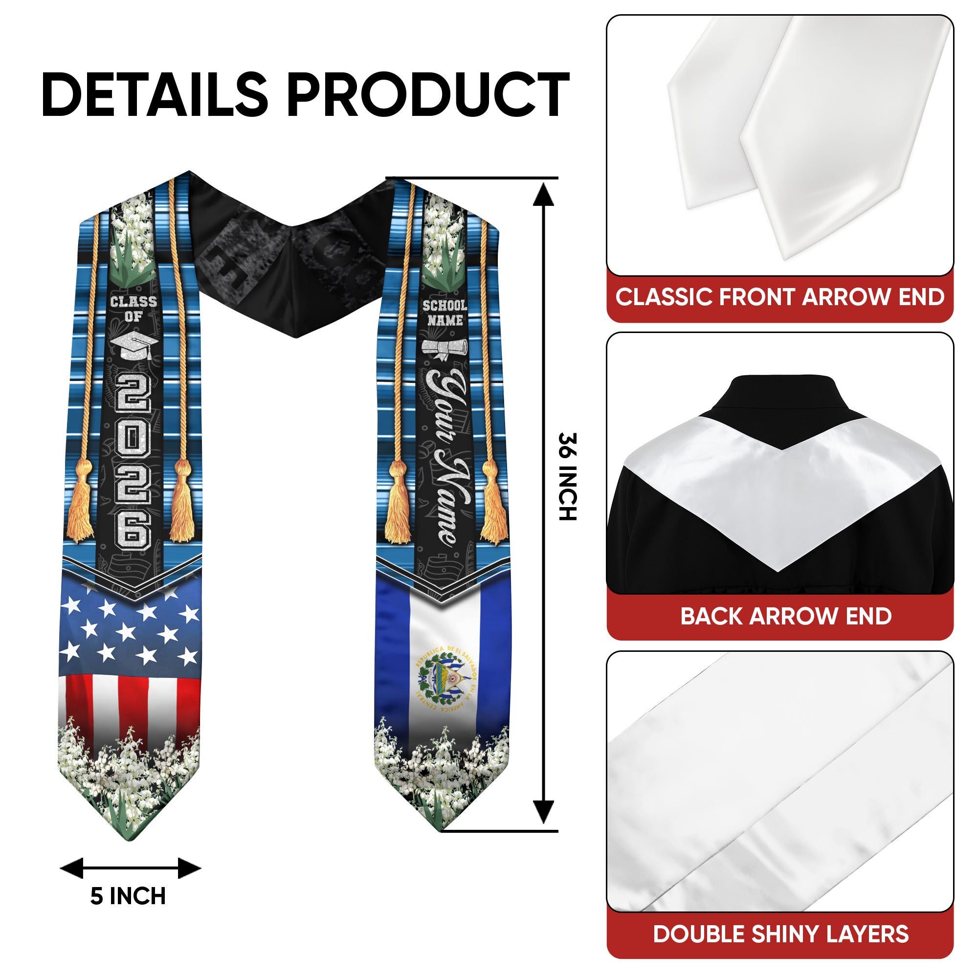 El Salvador Graduation Stole 2026, Salvadoran Flag Sash, Custom Detail for Graduates