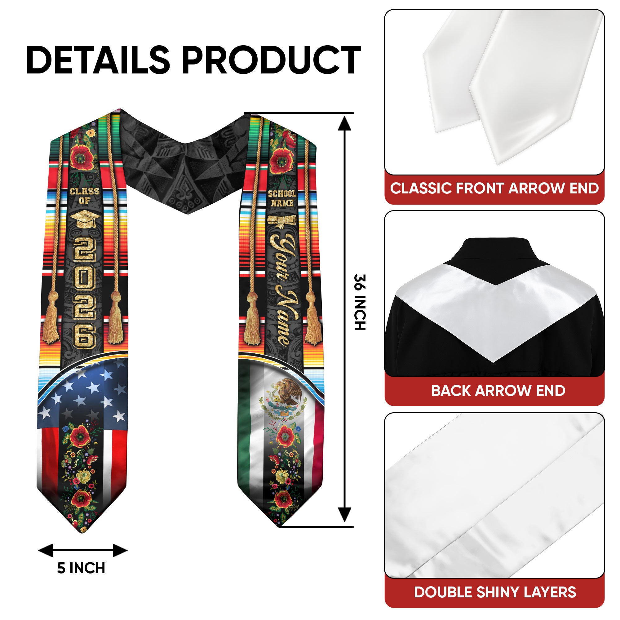 Mexican Stole 2026, Mexico Graduation Stole, Mexican American Flag Sash Custom Option