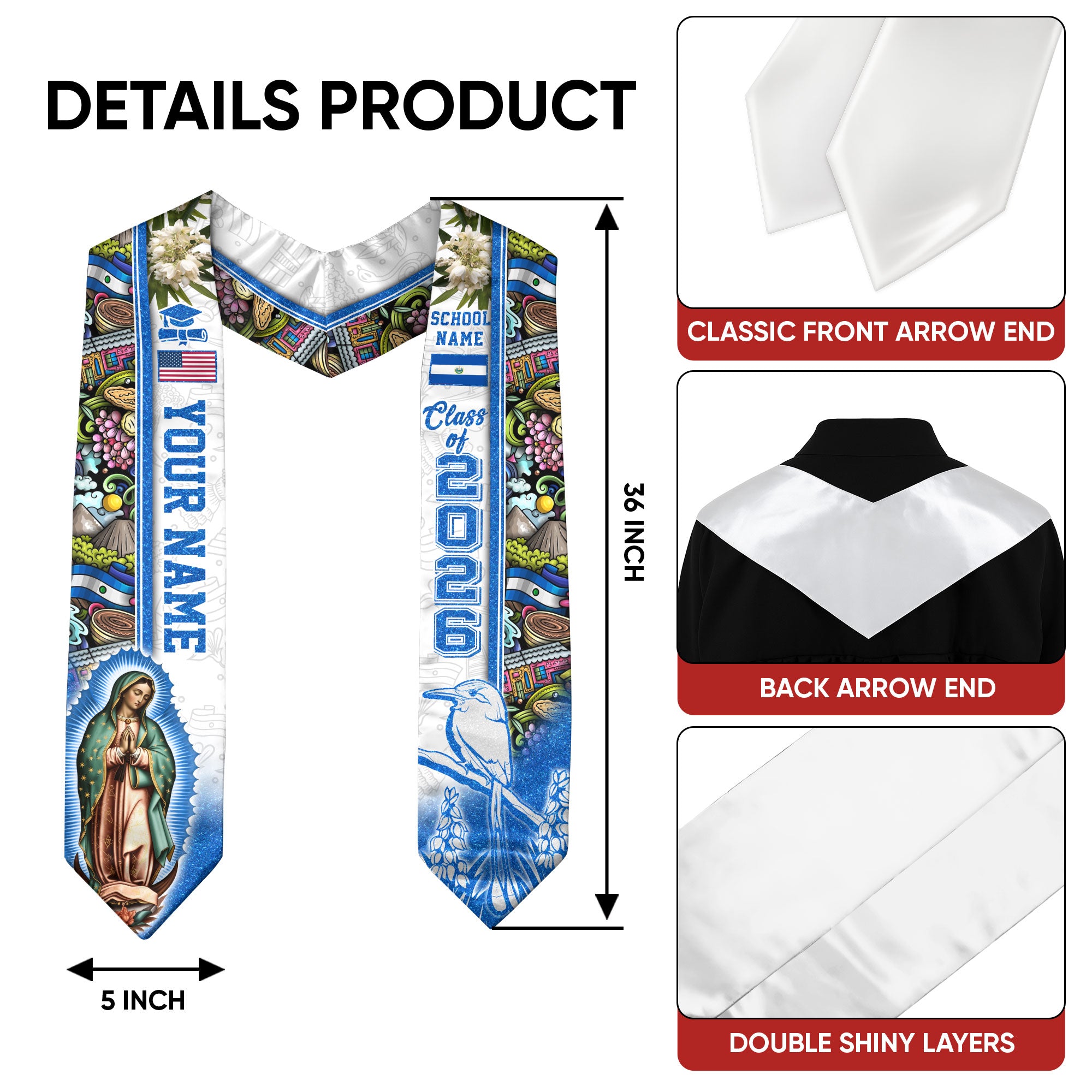 Salvadoran Flag Graduation Stole 2026, El Salvador Graduation Sash, Custom Trim for Grads