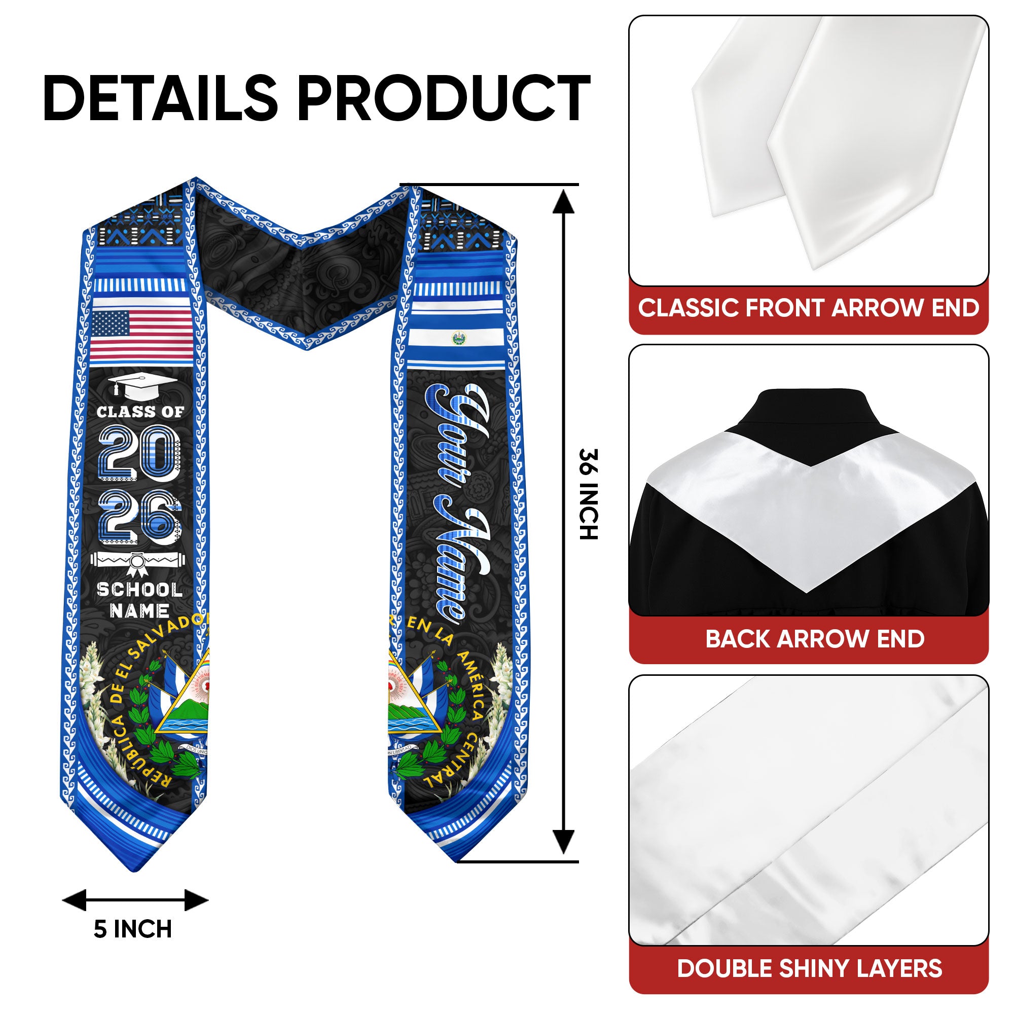 El Salvador Graduation Stole 2026, Salvadoran Flag Sash, Bespoke Touch for Class of 2026