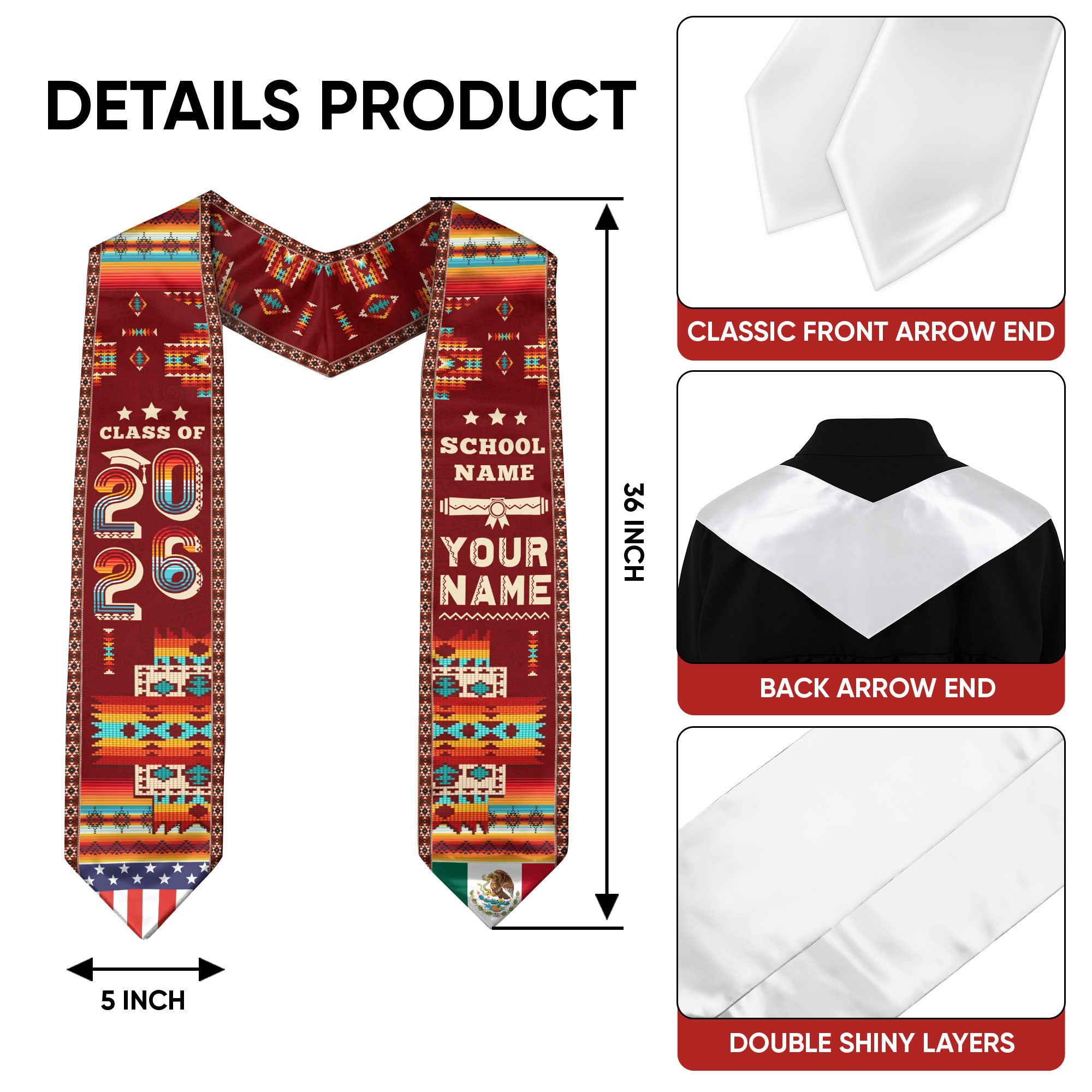 Mexico Graduation Stole 2026, Mexican Flag Sash, Custom Accent for Class of 2026 Grads
