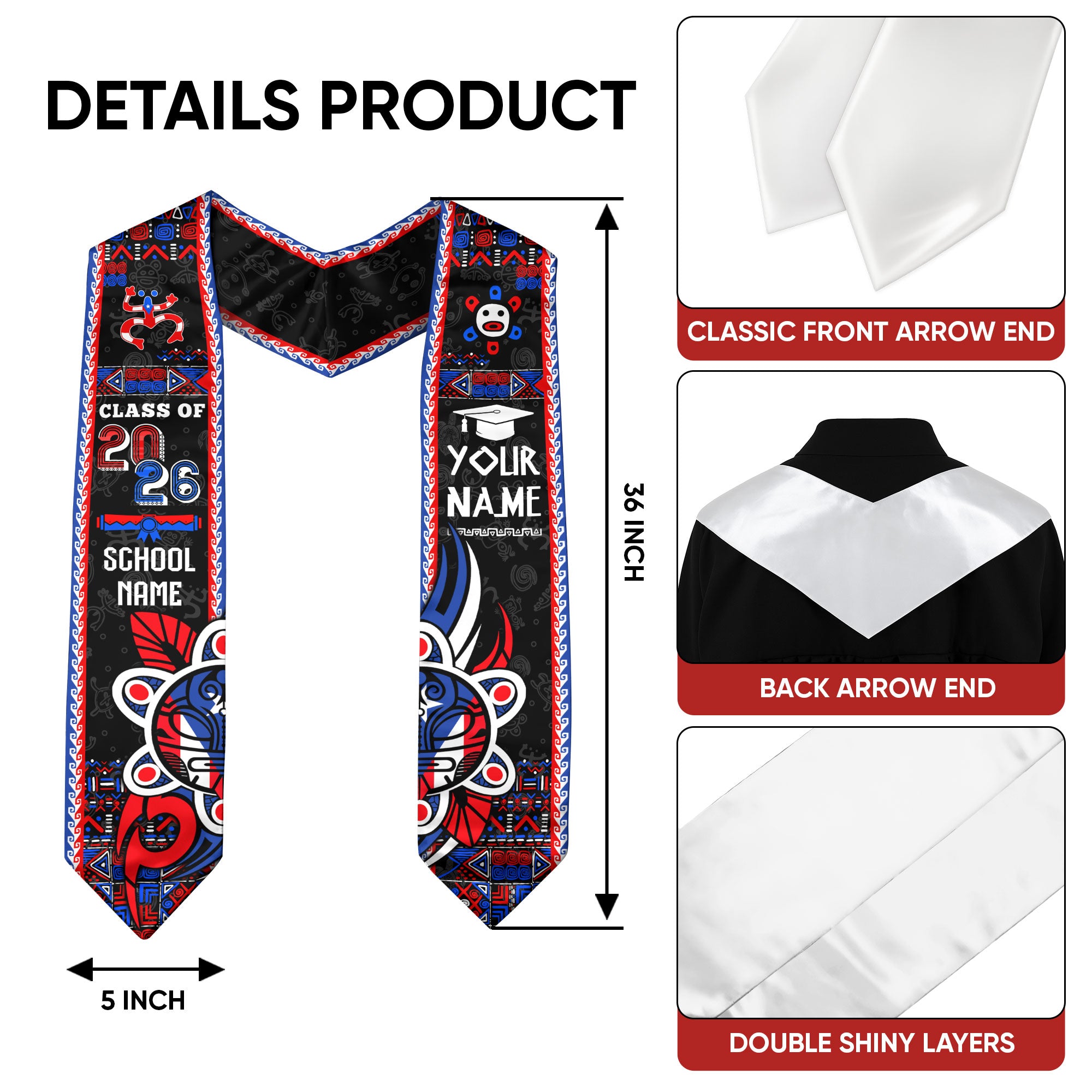 Puerto Rico Graduation Stole 2026, Puerto Rican Flag Sash, Tailored Detail for Class of 2026