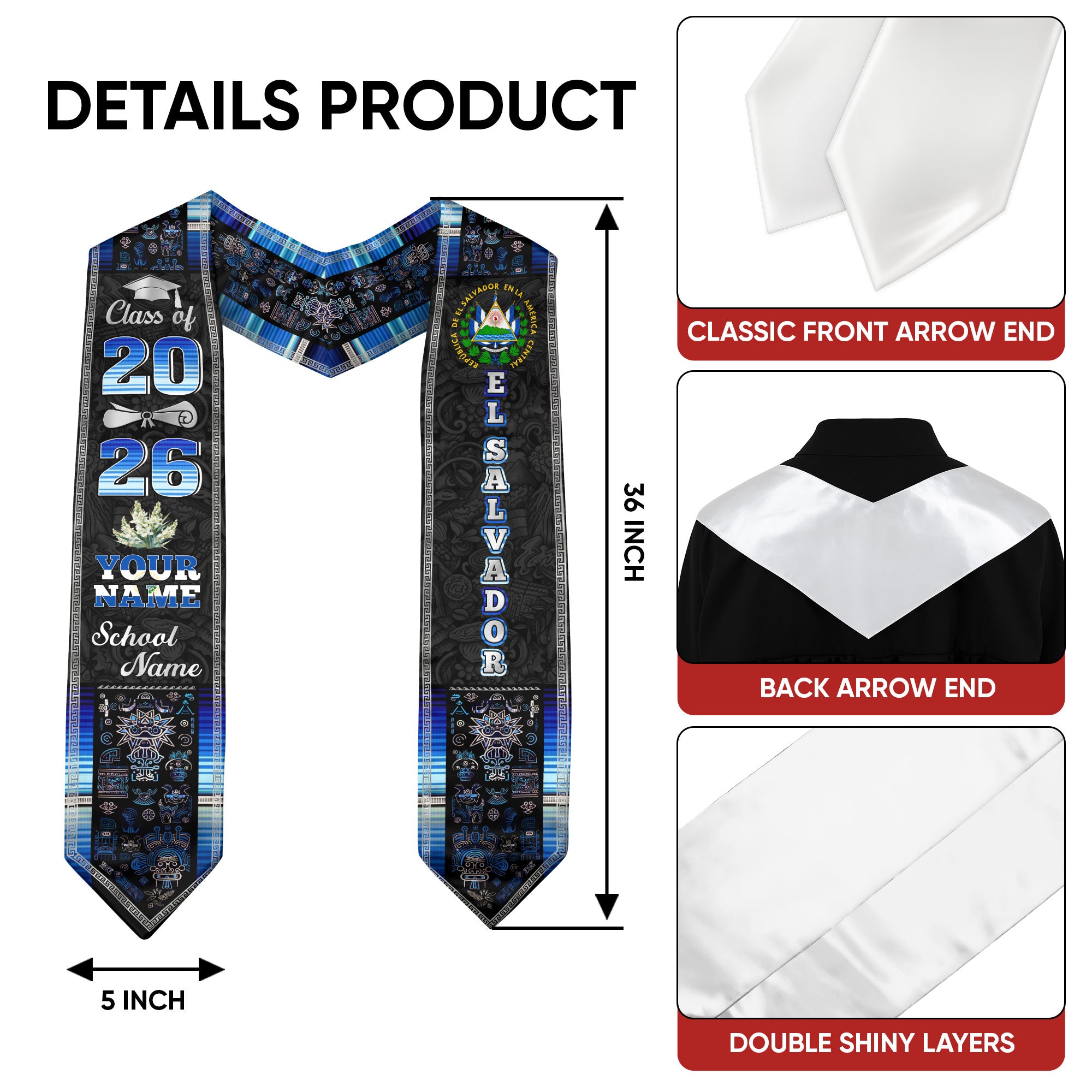 Salvadoran Flag Graduation Sash 2026, El Salvador Graduation Stole, Tailored Detail Grads