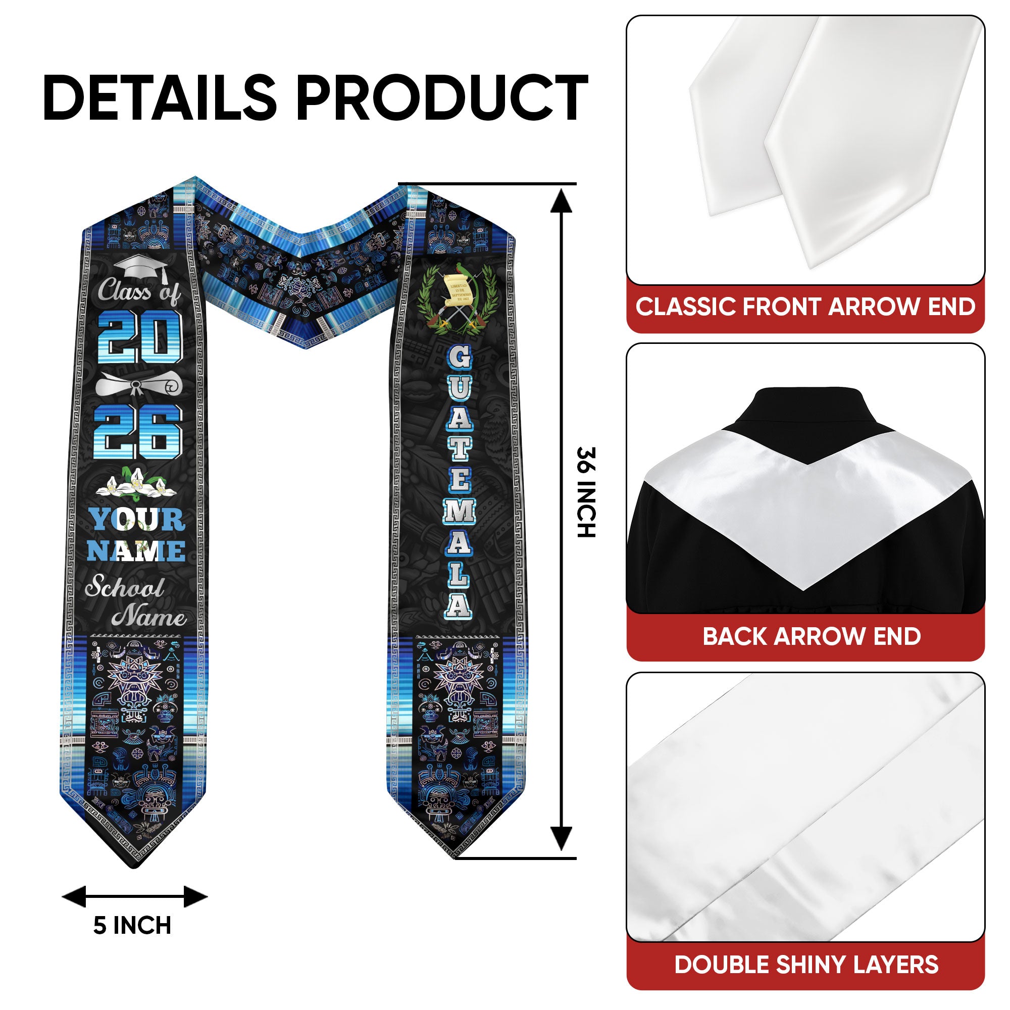Guatemalan Flag Graduation Sash 2026, Guatemala Graduation Stole, Tailored Detail Grads