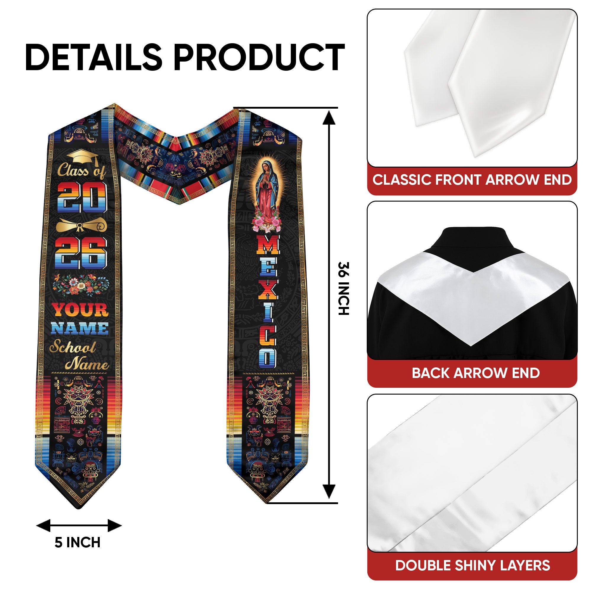 Mexican Flag Graduation Stole 2026, Mexico Grad Sash, Custom Detail Option for Grads