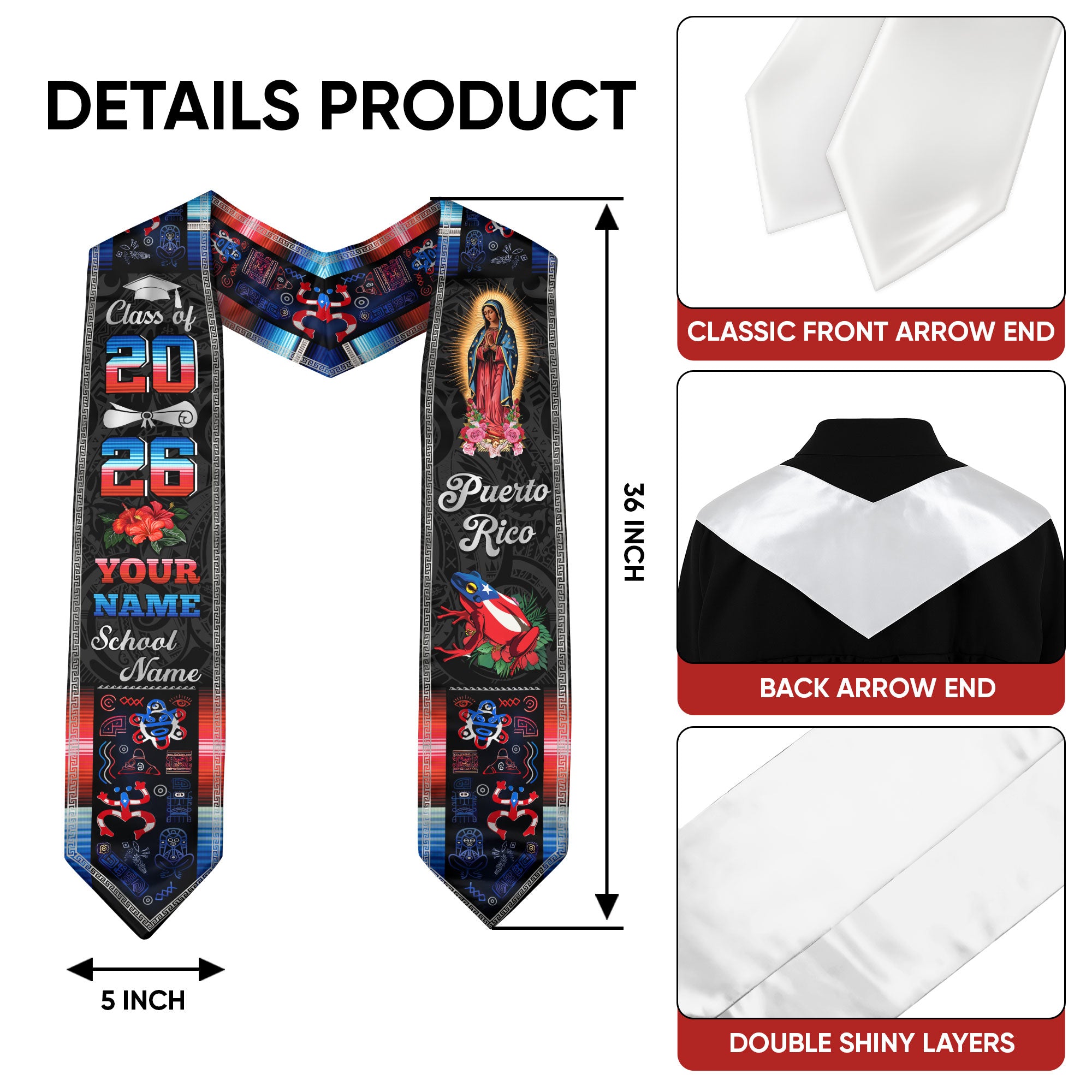 Puerto Rican Flag Graduation Sash 2026, Puerto Rico Graduation Stole, Bespoke Touch