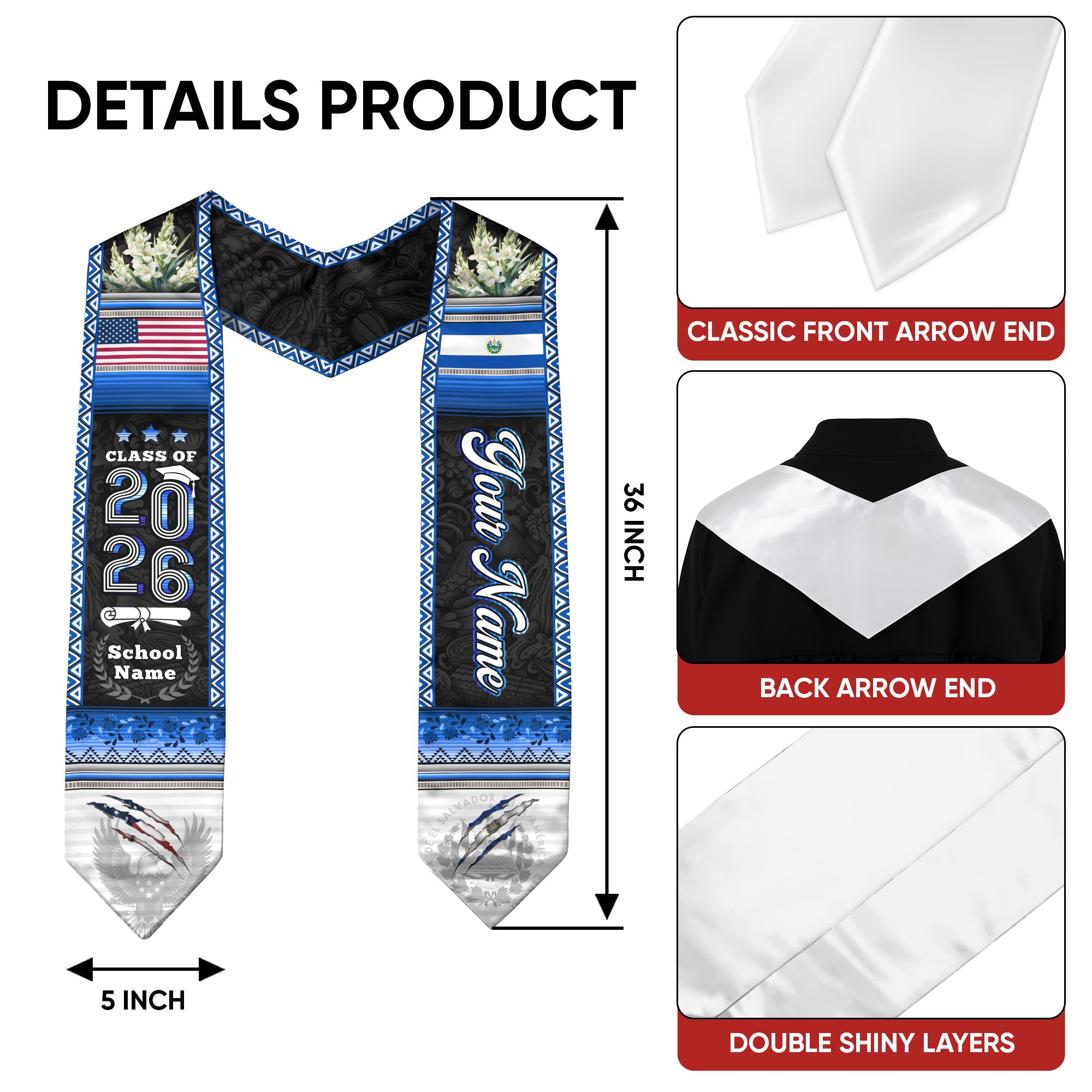 El Salvador Flag Graduation Stole 2026, Salvadoran Grad Sash, Signature Finish for 2026