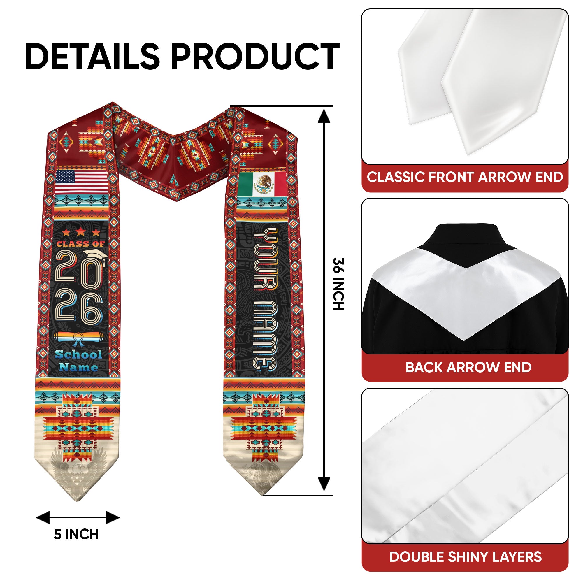 Mexican Graduation Sash 2026, Mexico Graduation Stole, Flag Custom Finish for Graduates