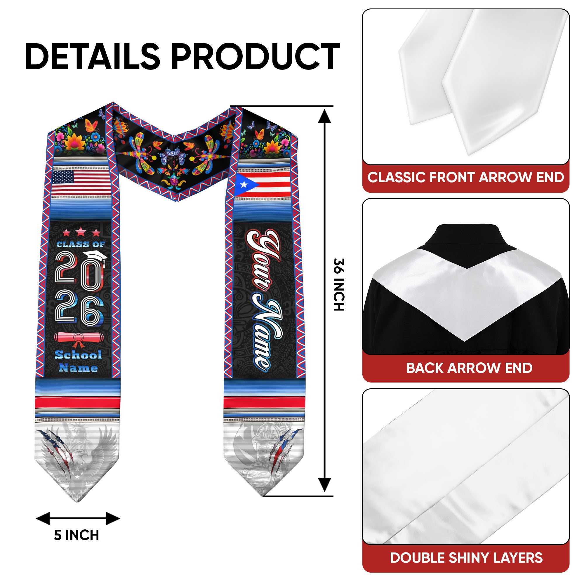 Puerto Rico Flag Graduation Stole 2026, Puerto Rican Grad Sash, Signature Finish 2026