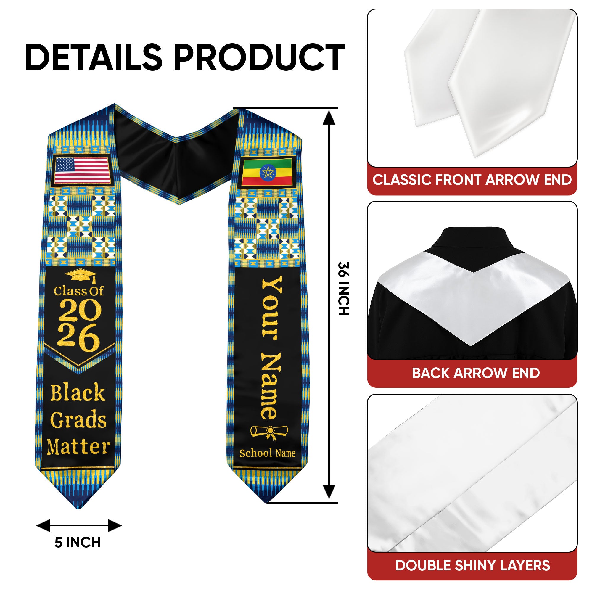 Customized Ethiopia Graduation Stole Featuring Ethiopian Flag Heritage Style, Graduation Sash Class of 2026