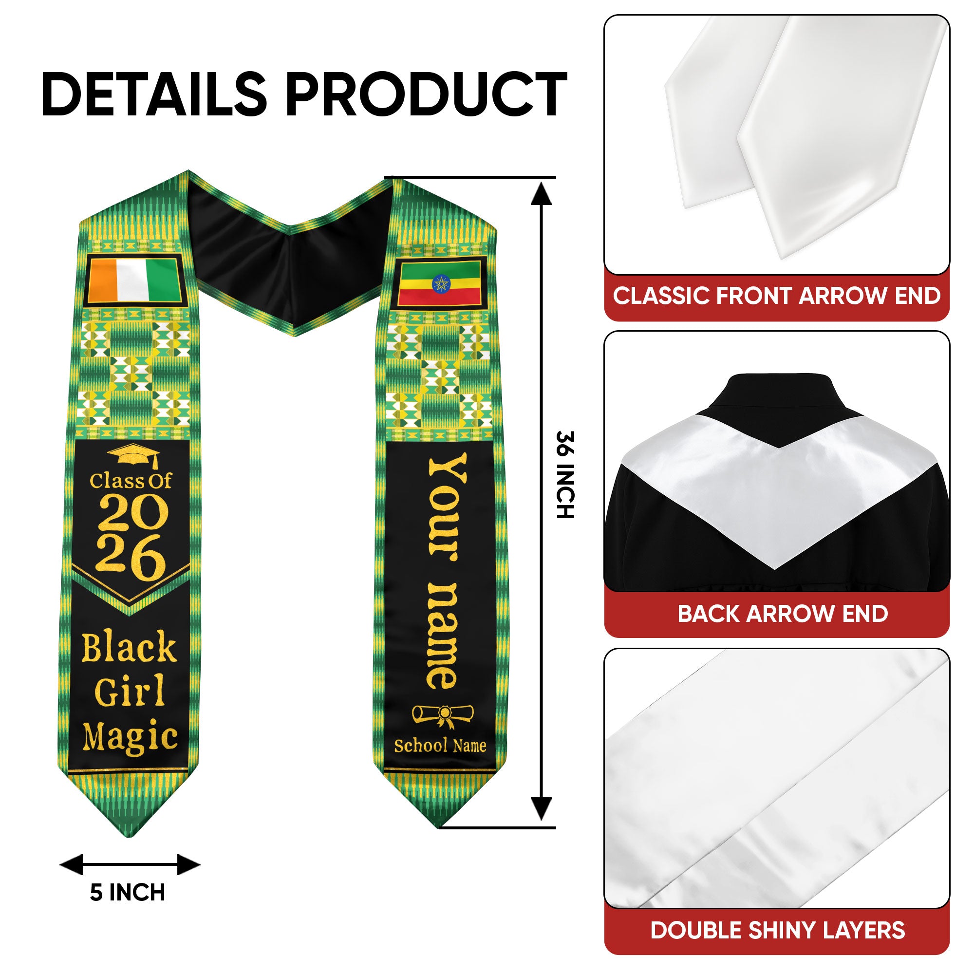 Customized Ethiopian Graduation Stole with National Flag Inspired Design, Graduation Sash for 2026