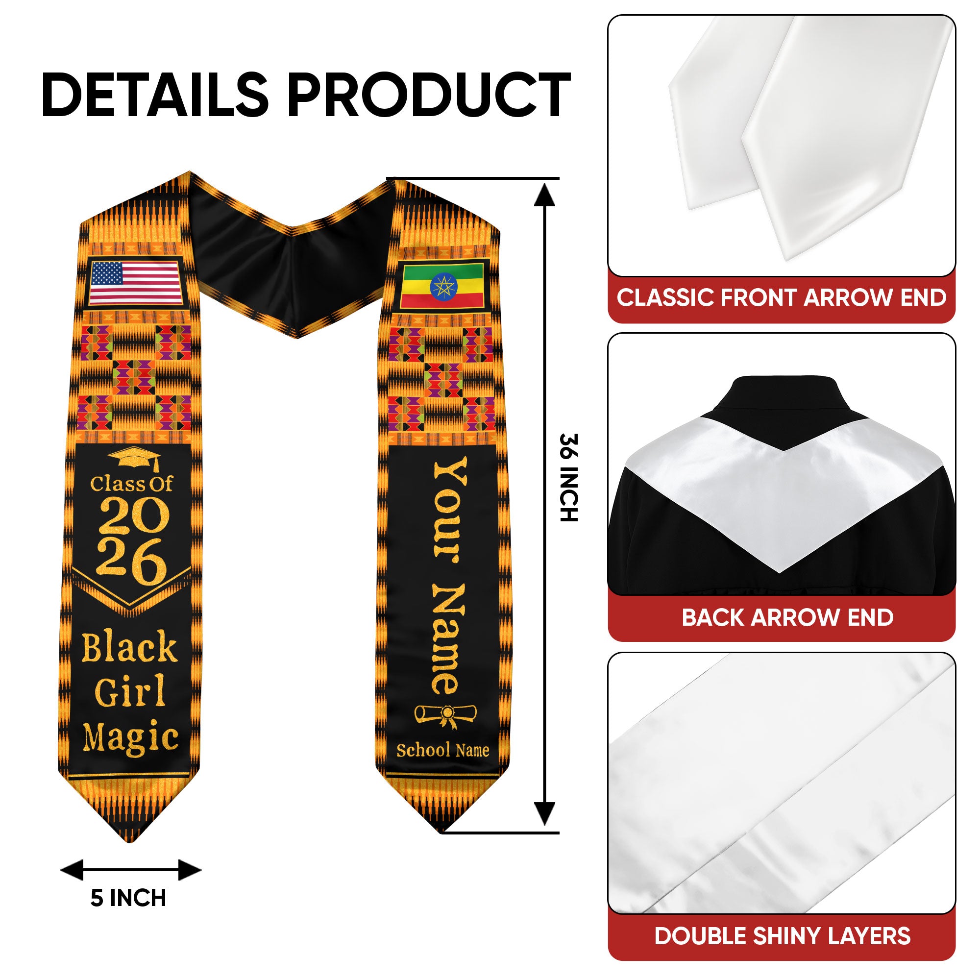 Customized Graduation Stole Ethiopia Showcasing Cultural Flag Pride Pattern, Graduation Sash Class of 2026