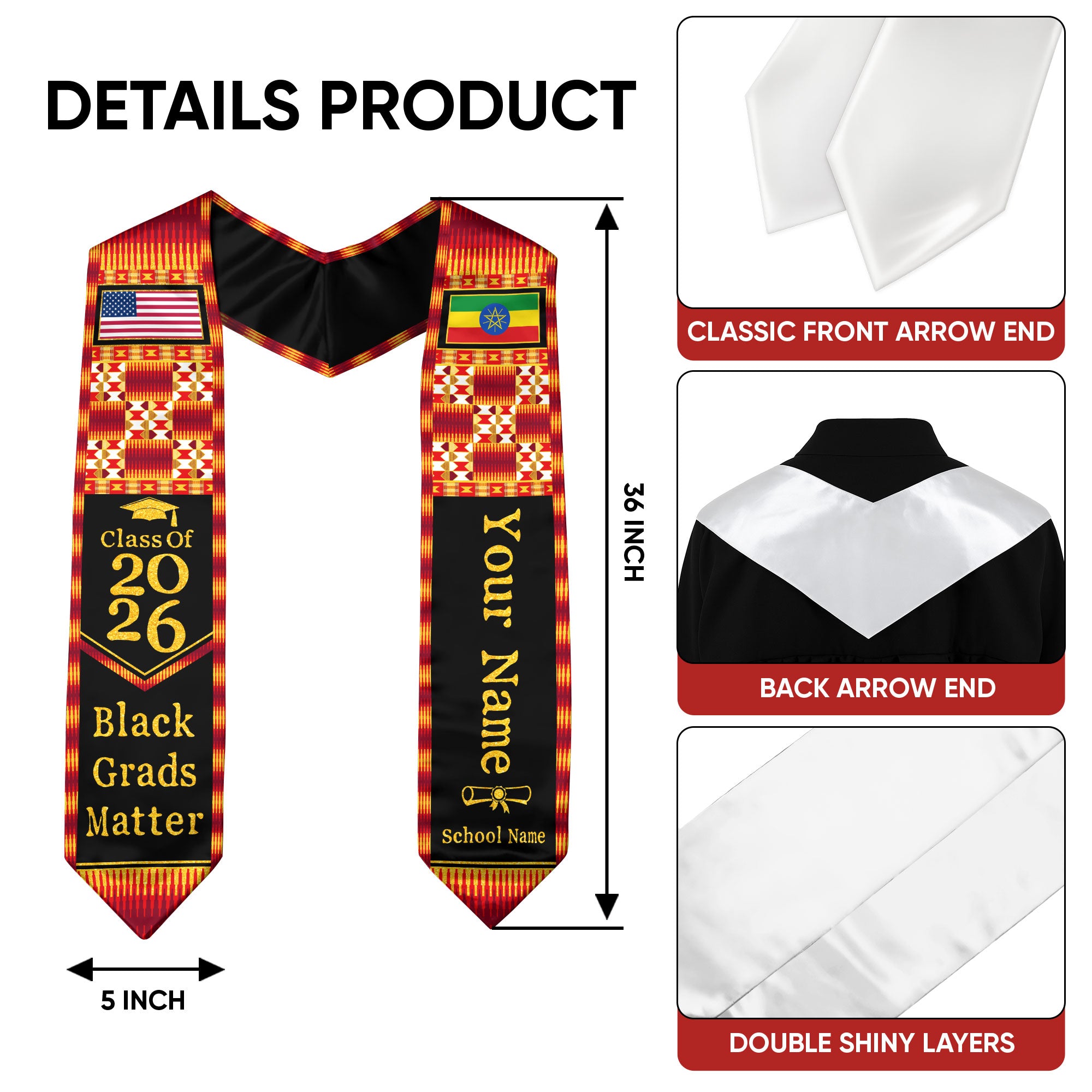 Customized Ethiopian Graduation Sash with Flag Identity Theme, Ceremony Stole Class of 2026