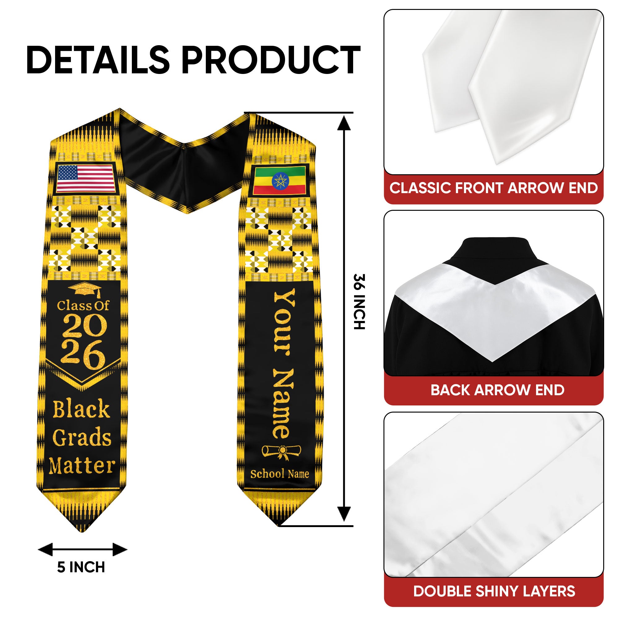 Customized Ethiopia Graduation Stole Featuring Heritage Flag Design, Graduation Sash for 2026