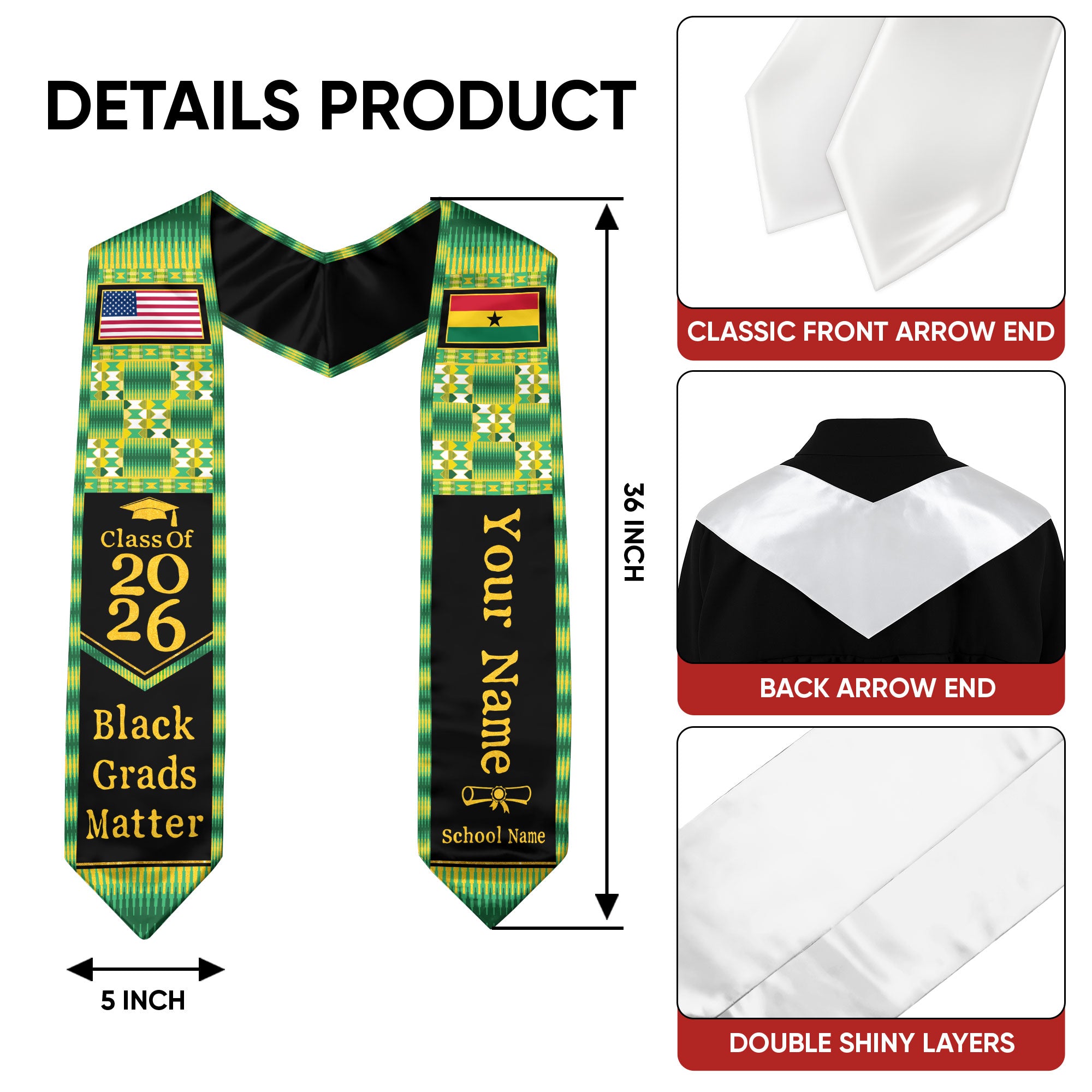 Customized Graduation Stole Ghana with National Flag Inspired Style, Graduation Sash for Class of 2026