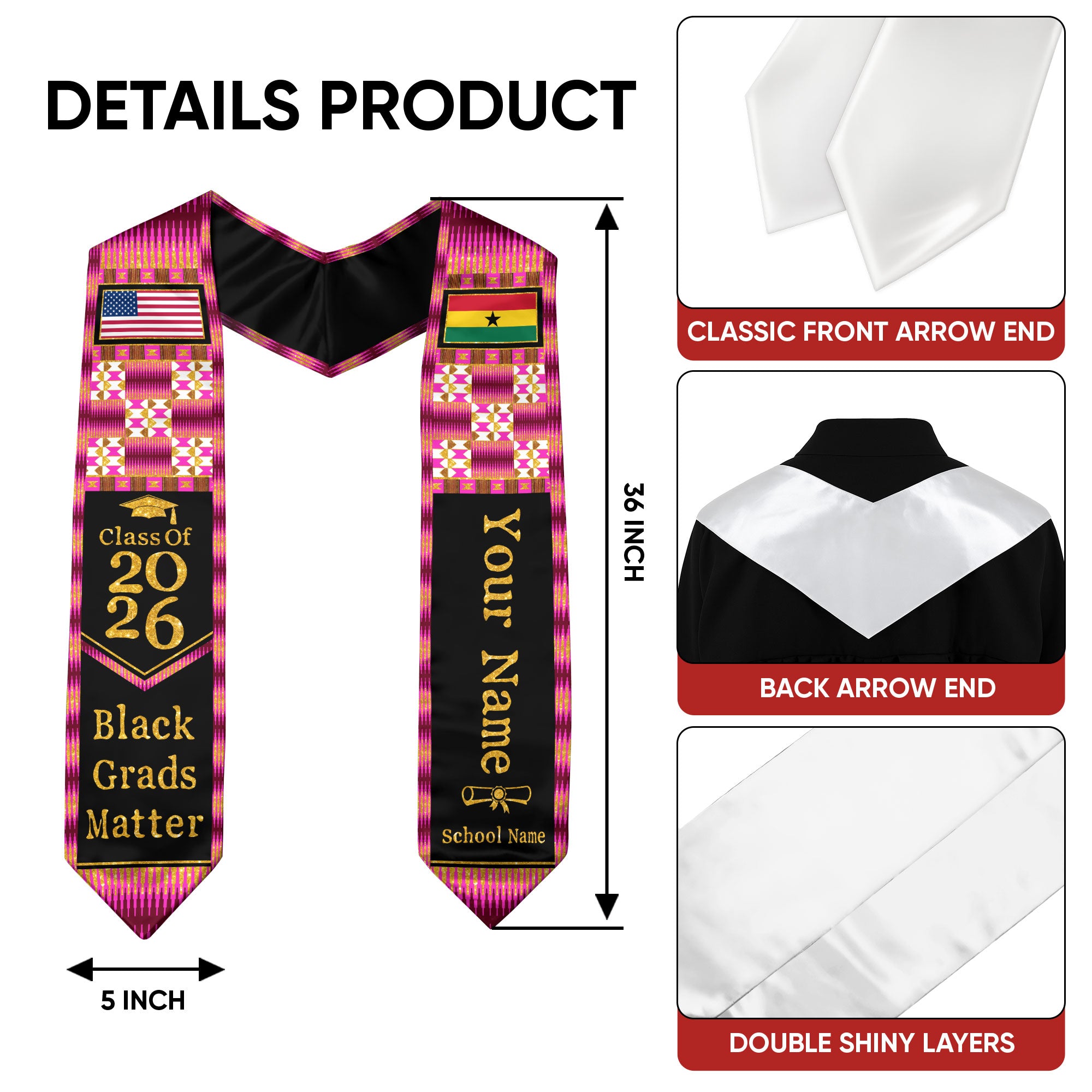 Customized Ghana Graduation Sash with Traditional Flag Motif, Ceremony Stole for Class of 2026