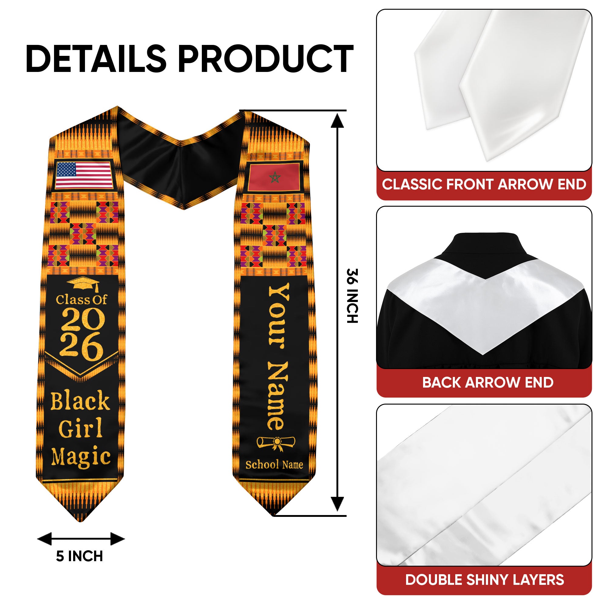 Customized Graduation Stole Morocco Showcasing Cultural Flag Design, Graduation Sash Class of 2026