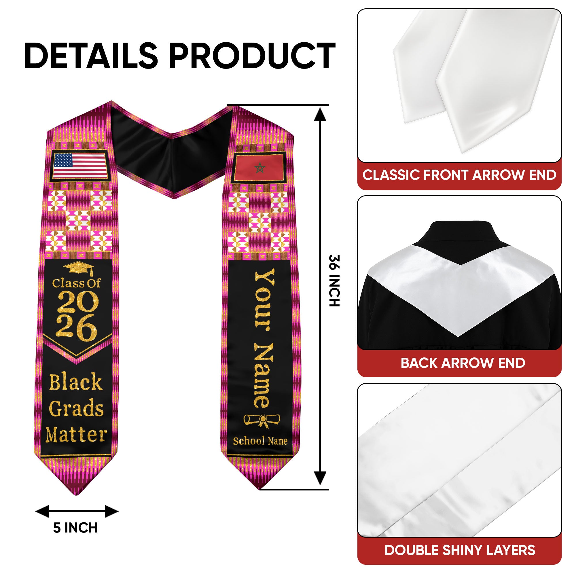 Customized Morocco Graduation Stole Highlighting Traditional Flag Motif, Graduation Sash for Class of 2026