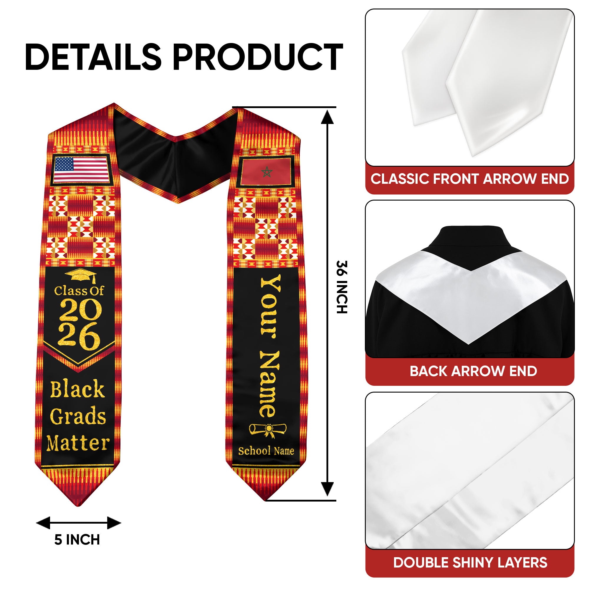Customized Moroccan Graduation Sash with Flag Pride Theme, Ceremony Stole Class of 2026