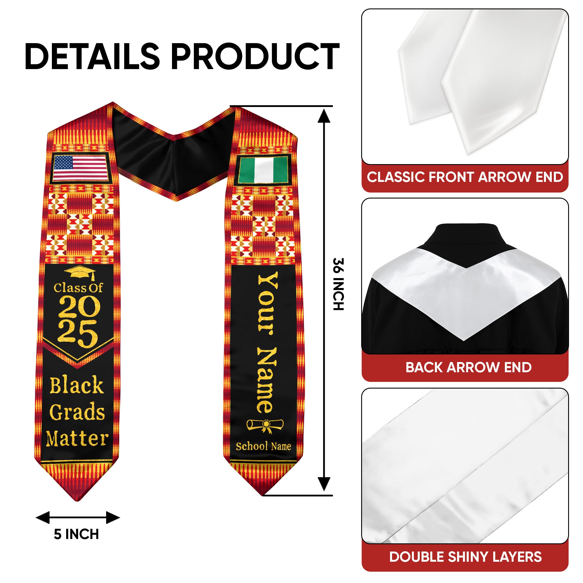 Customized Nigerian Graduation Sash with Heritage Flag Motif, Ceremony Stole Class of 2026