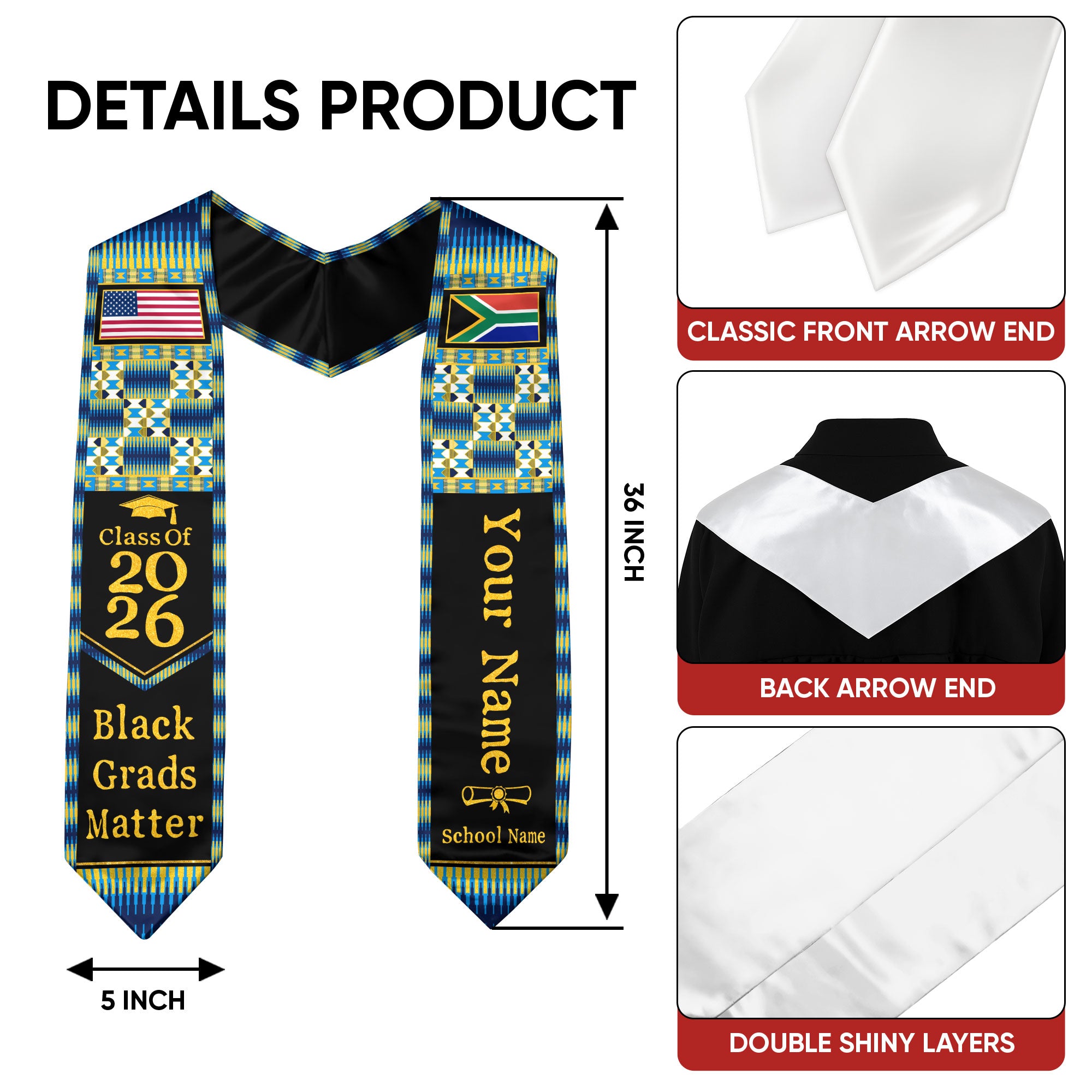 Customized South Africa Graduation Stole with National Flag Heritage Design, Graduation Sash for Class of 2026