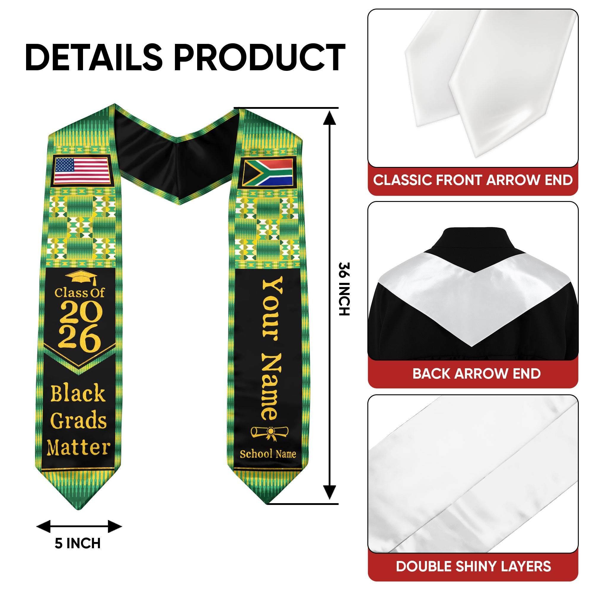 Customized South Africa Graduation Stole Featuring Cultural Flag Pride Style, Graduation Sash Class of 2026