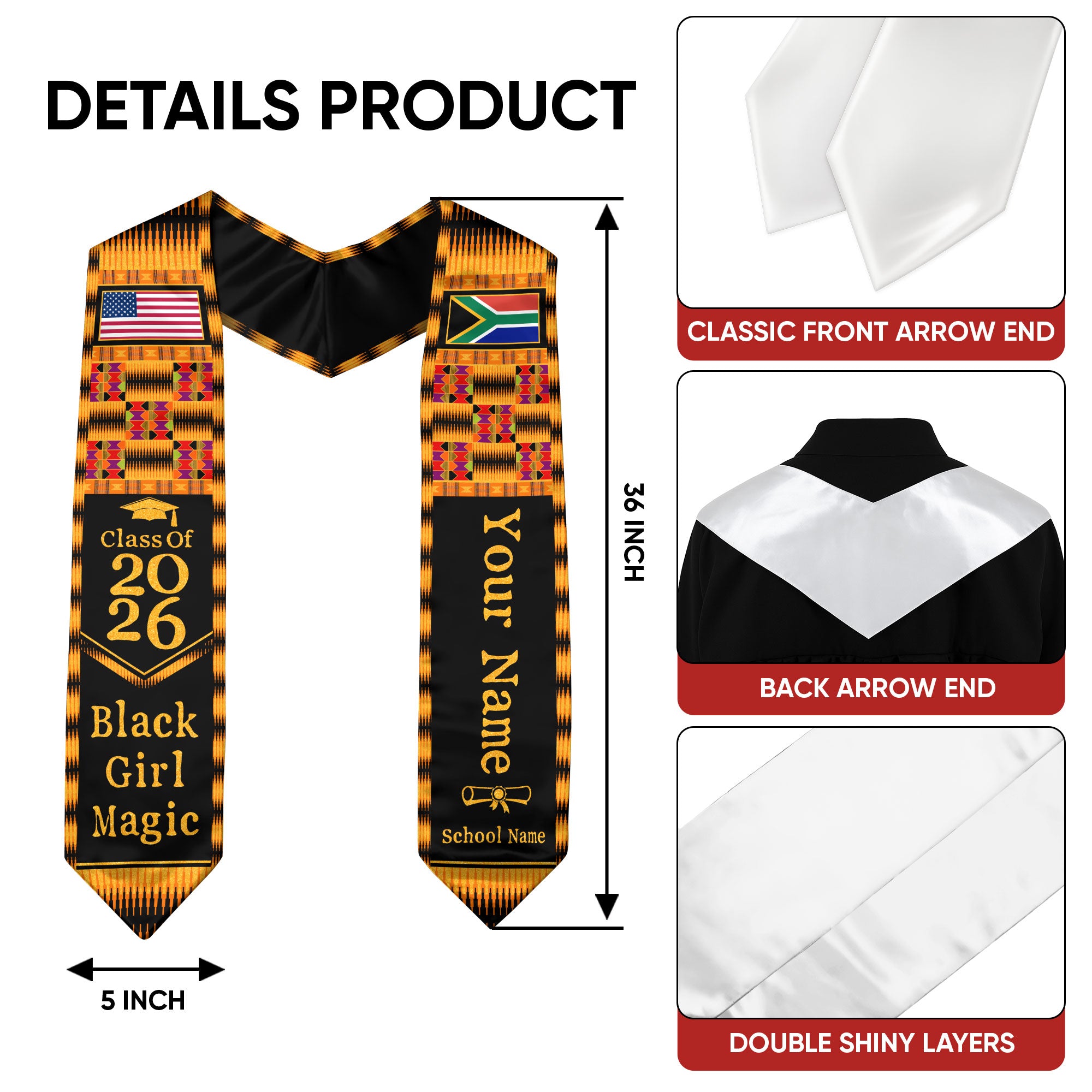 Customized Graduation Stole South Africa with Flag Inspired Pattern, Graduation Sash for Class of 2026