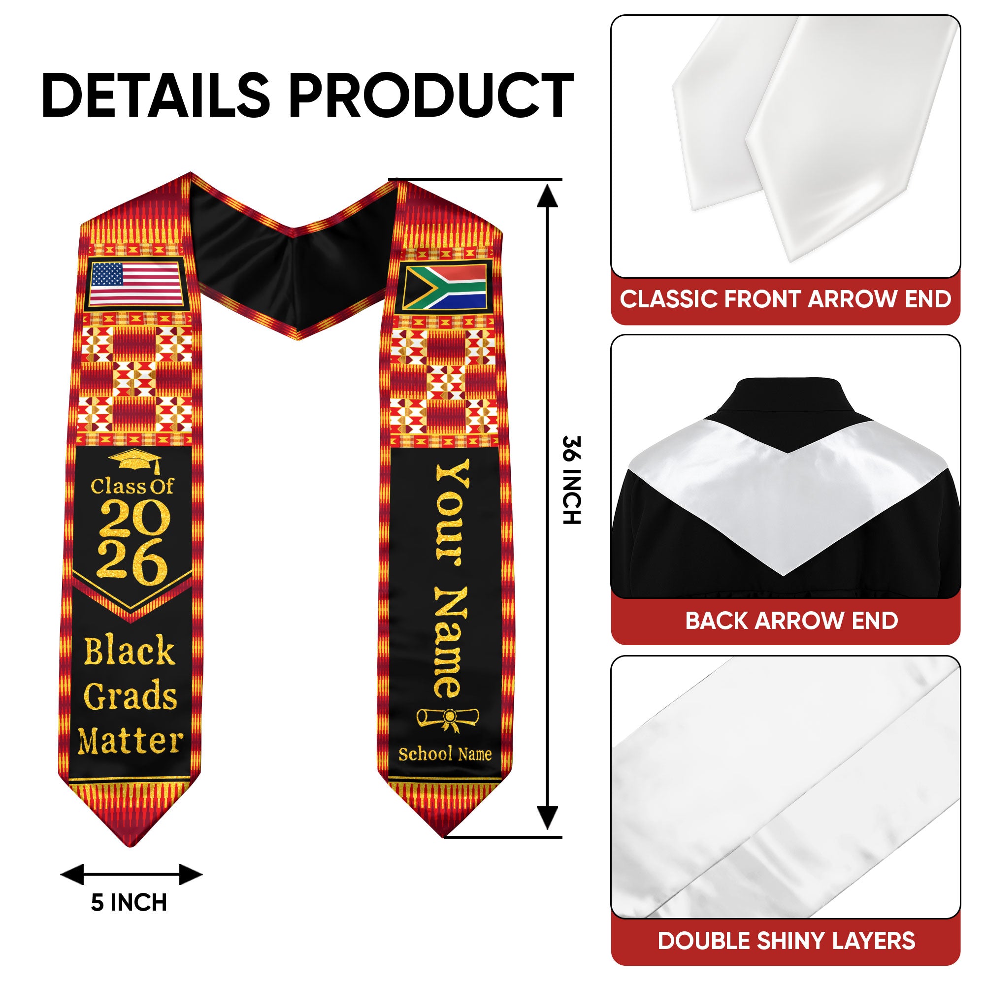 Customized South Africa Graduation Sash with Heritage Flag Motif, Ceremony Stole for Class of 2026
